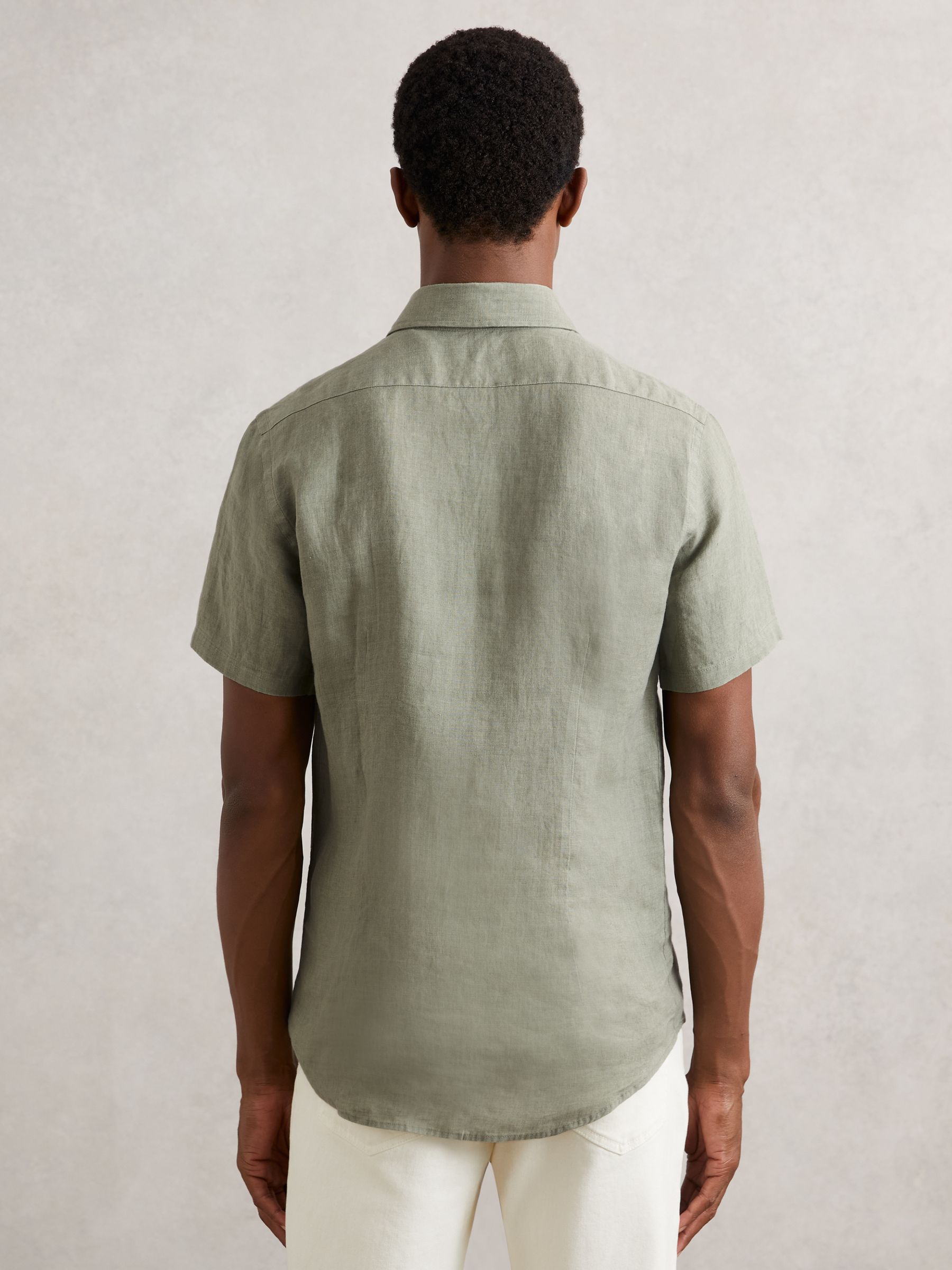 Slim Fit Linen Button-Through Shirt in Thyme Green