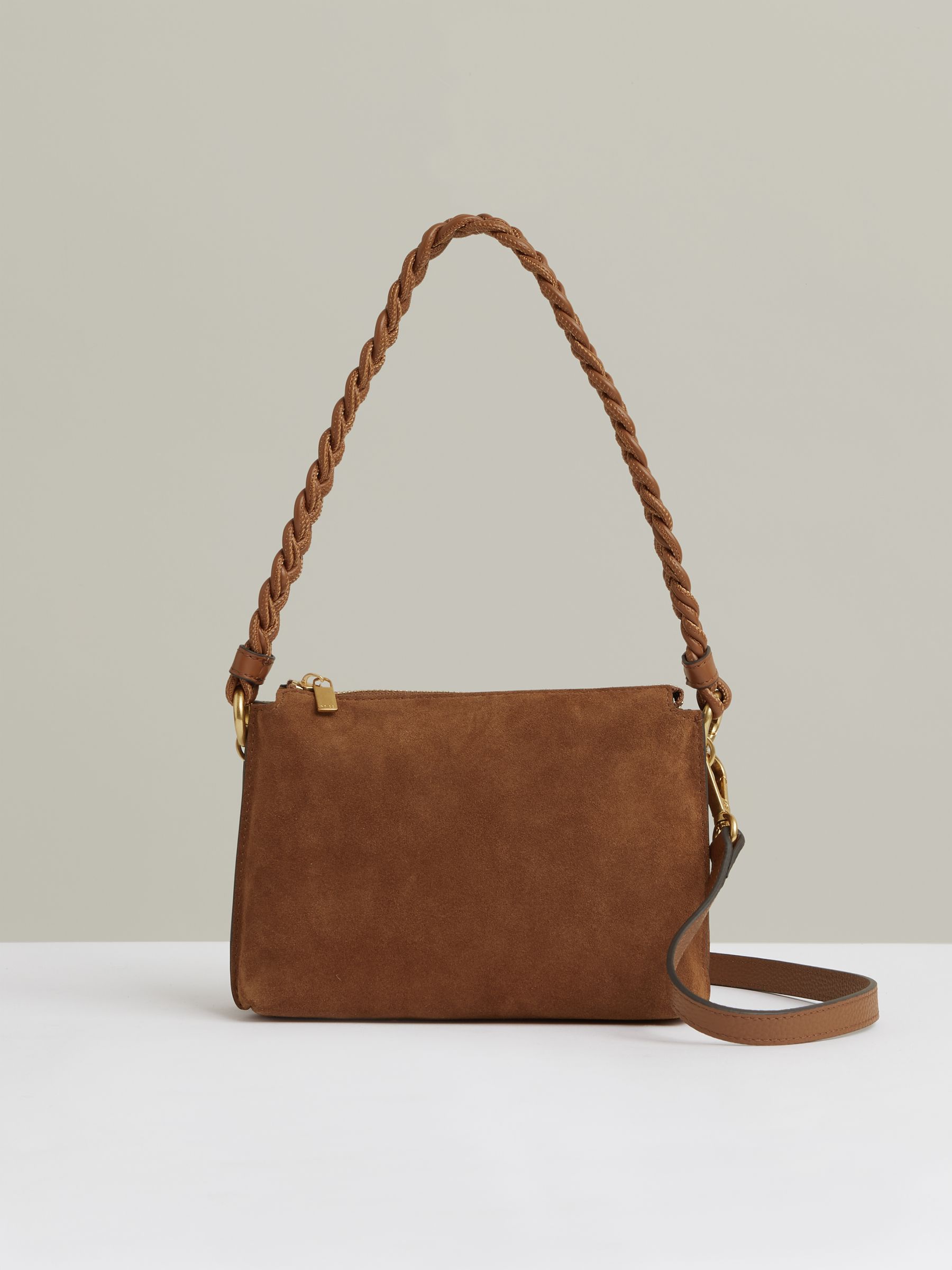 Suede Plaited-Strap Cross-Body Bag in Tan