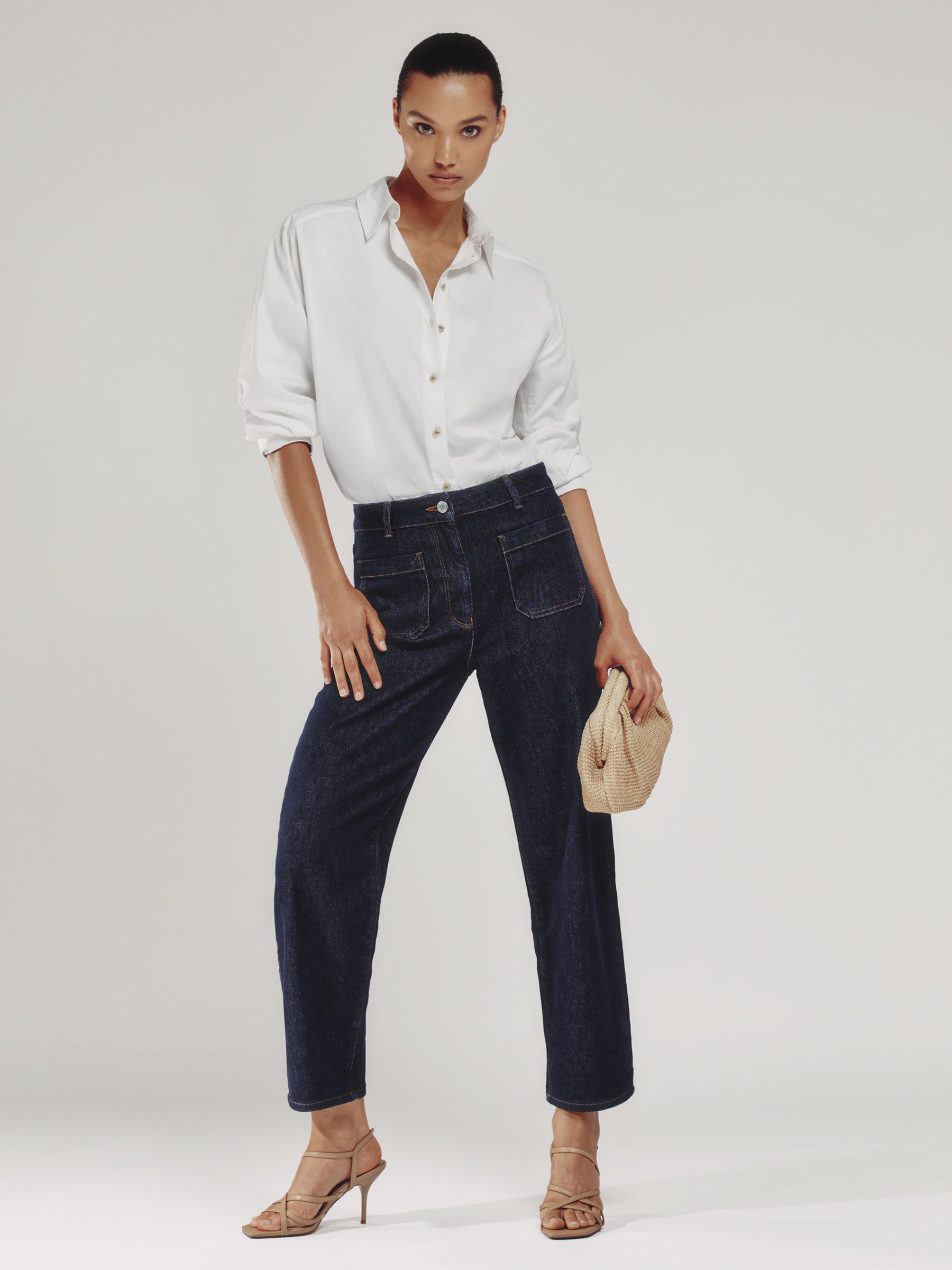 Petite Straight Leg Patch Pocket Jeans in Dark Blue