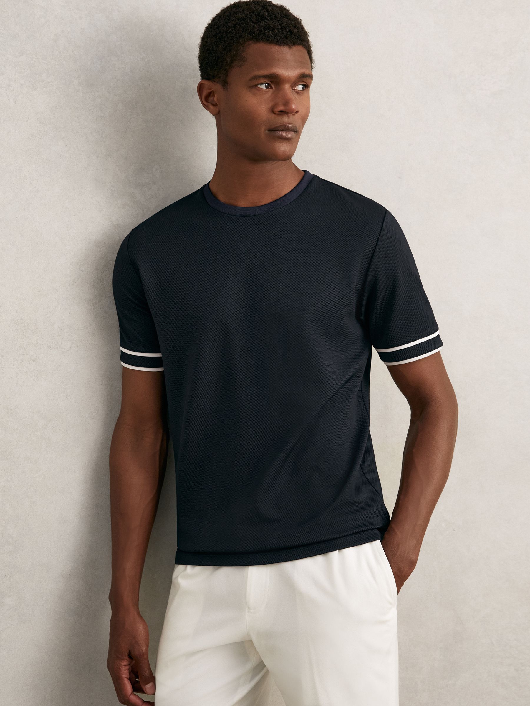 Textured Crew-Neck Tipped T-Shirt in Navy Blue
