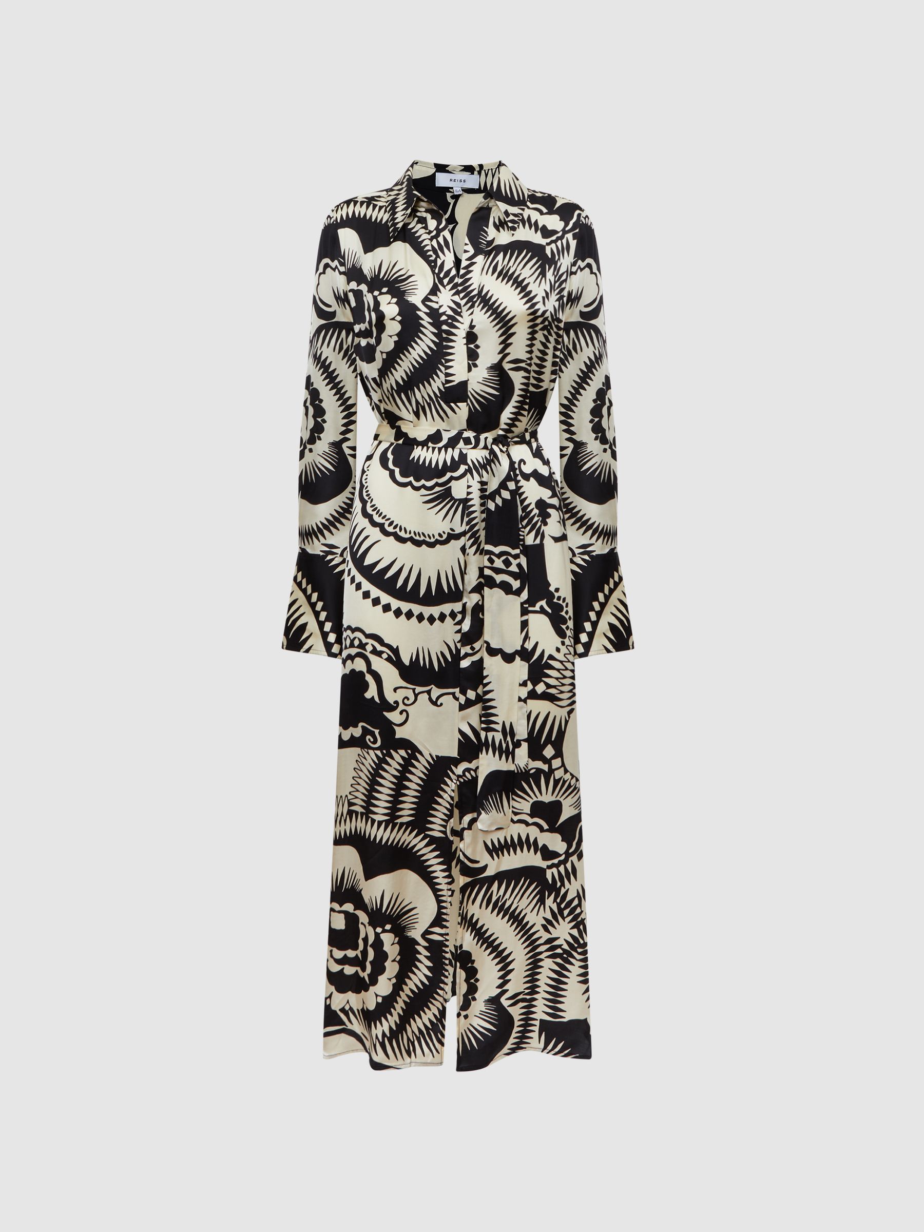 Printed Long Sleeve Midi Dress in Black/White