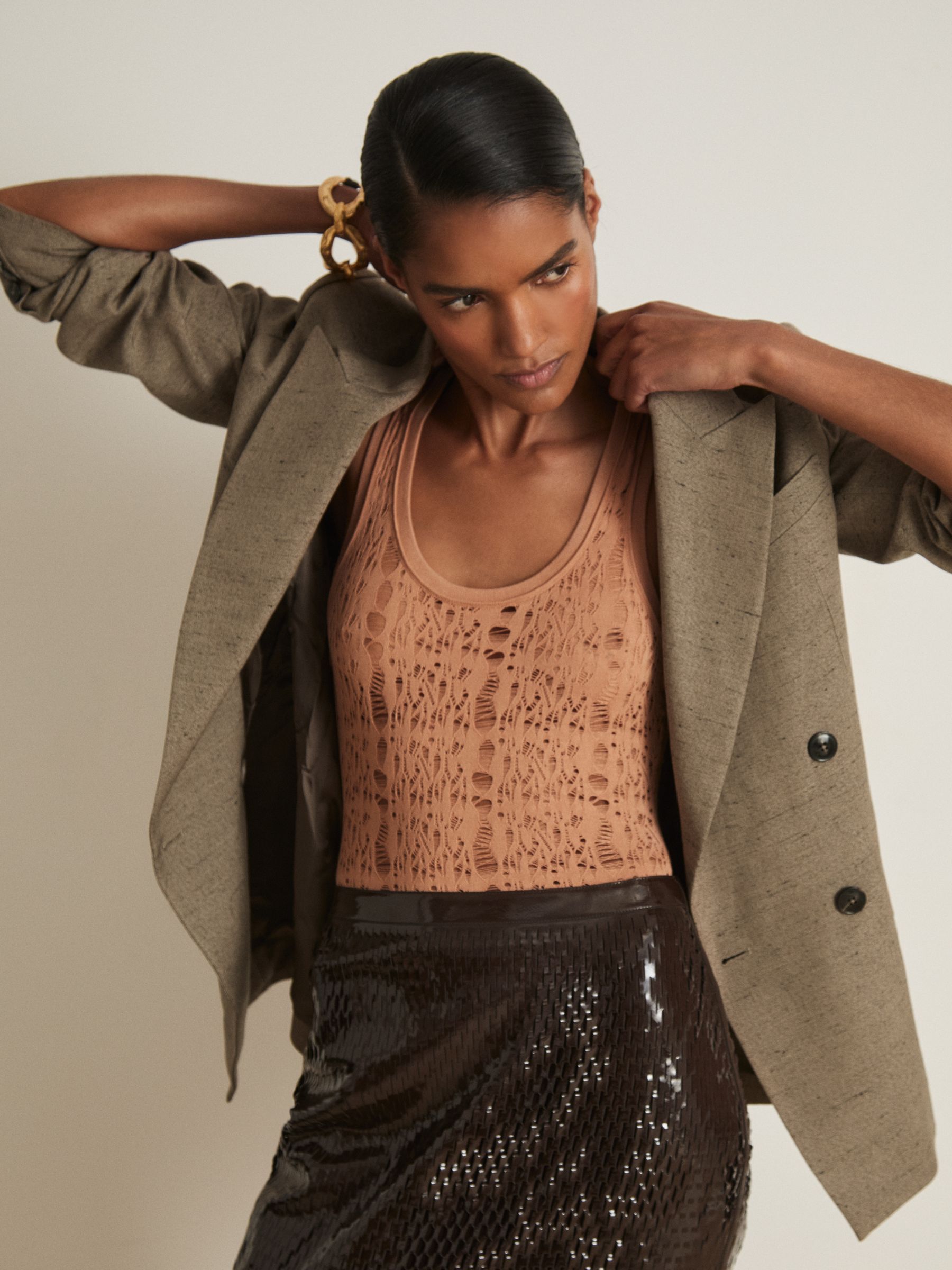 Atelier Ladder Knit High Neck Bodysuit in Tan