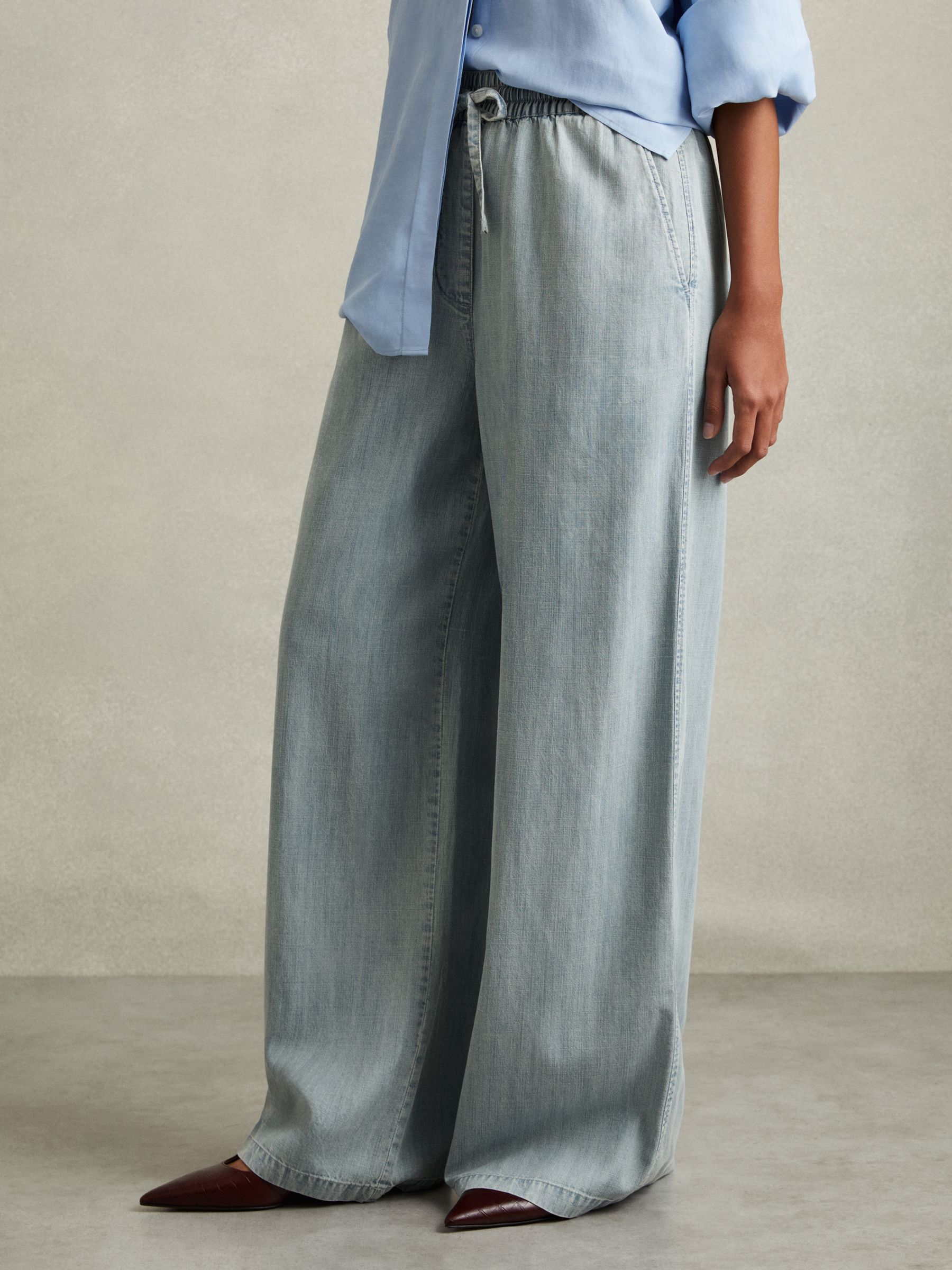 Denim Look Wide Leg Trousers in Light Blue