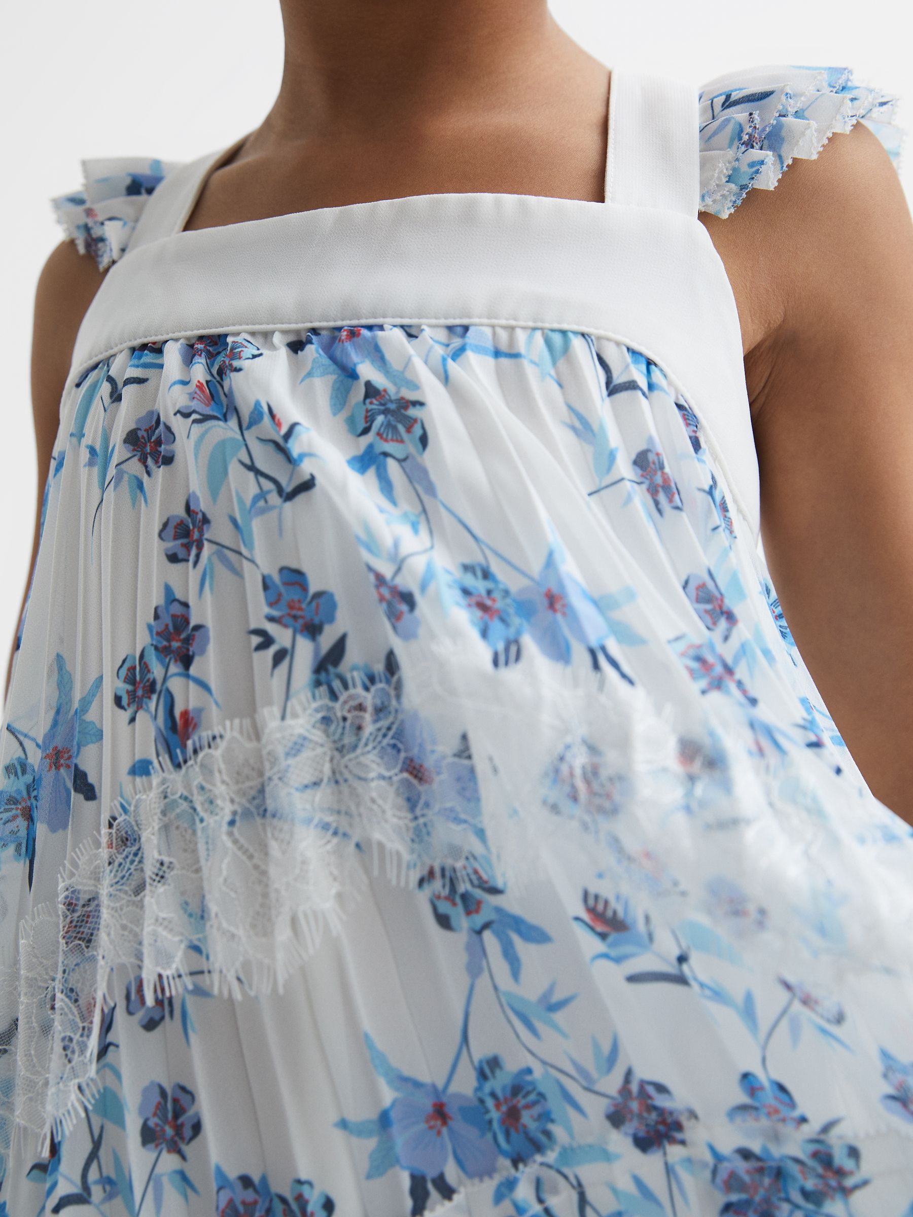 Floral Printed Pleated Dress in Blue Print