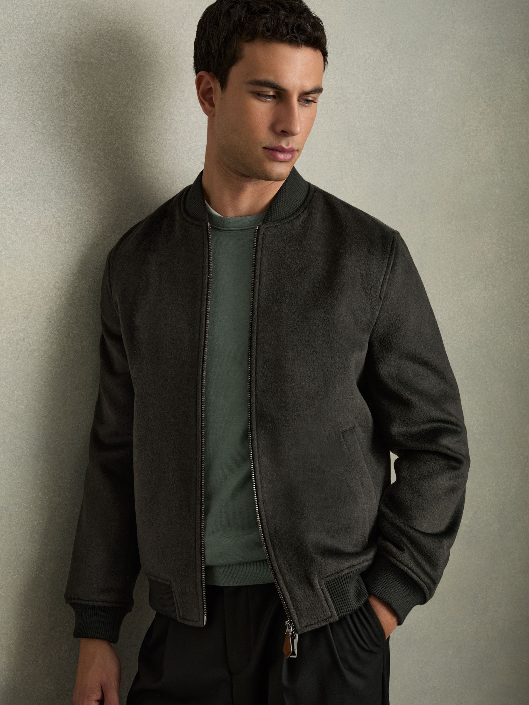Brushed Wool-Blend Bomber Jacket in Dark Green
