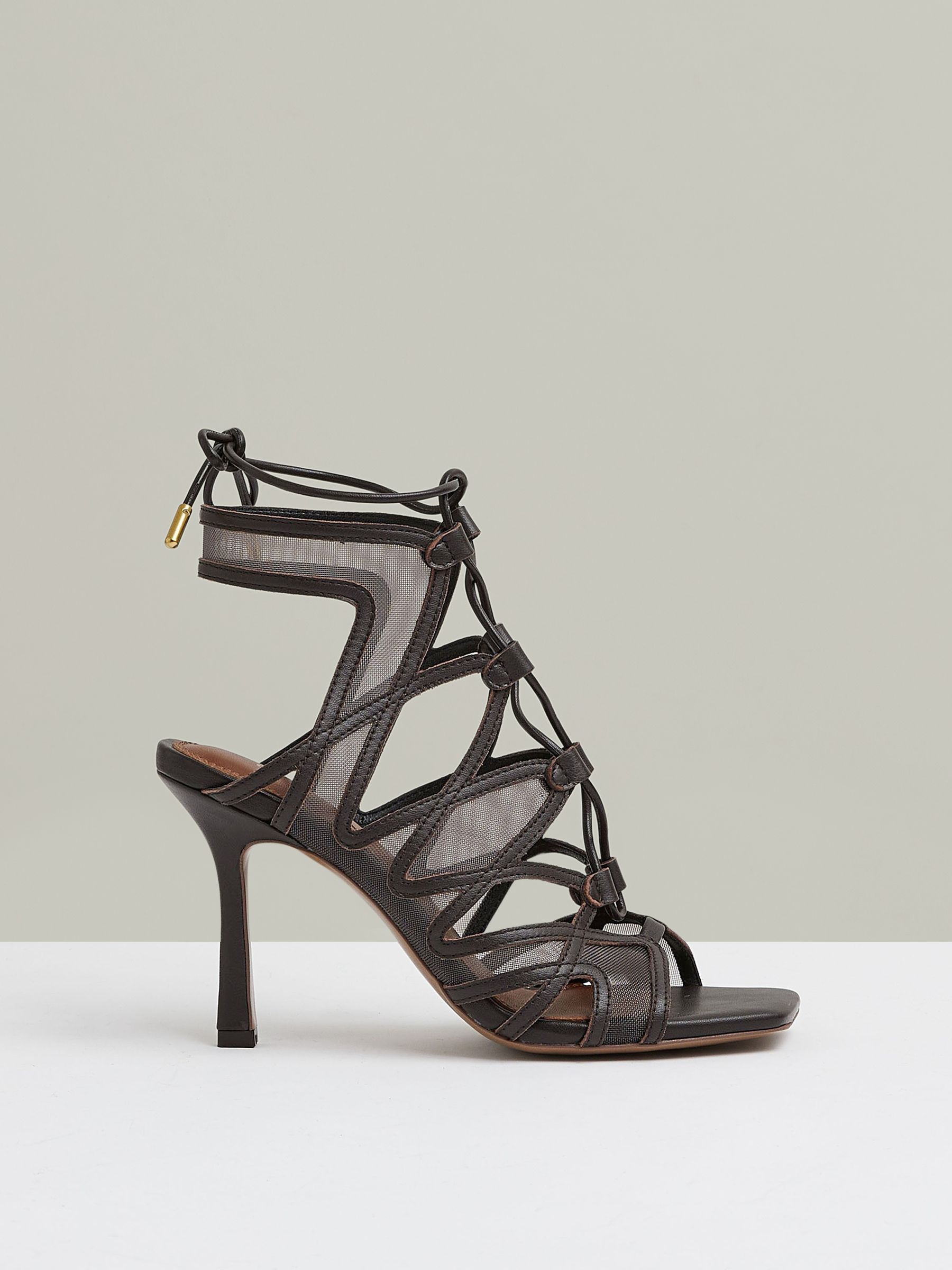 Mesh Leather Strappy Heels in Chocolate