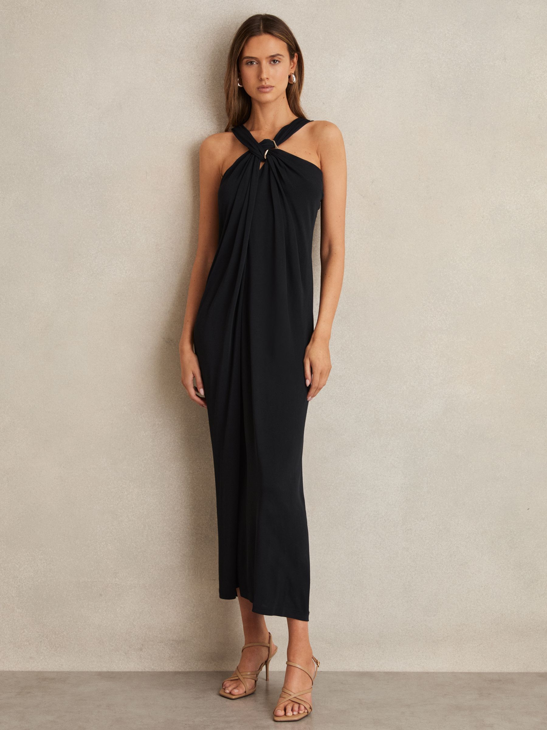 Gathered Neck Jersey Midi Dress in Navy
