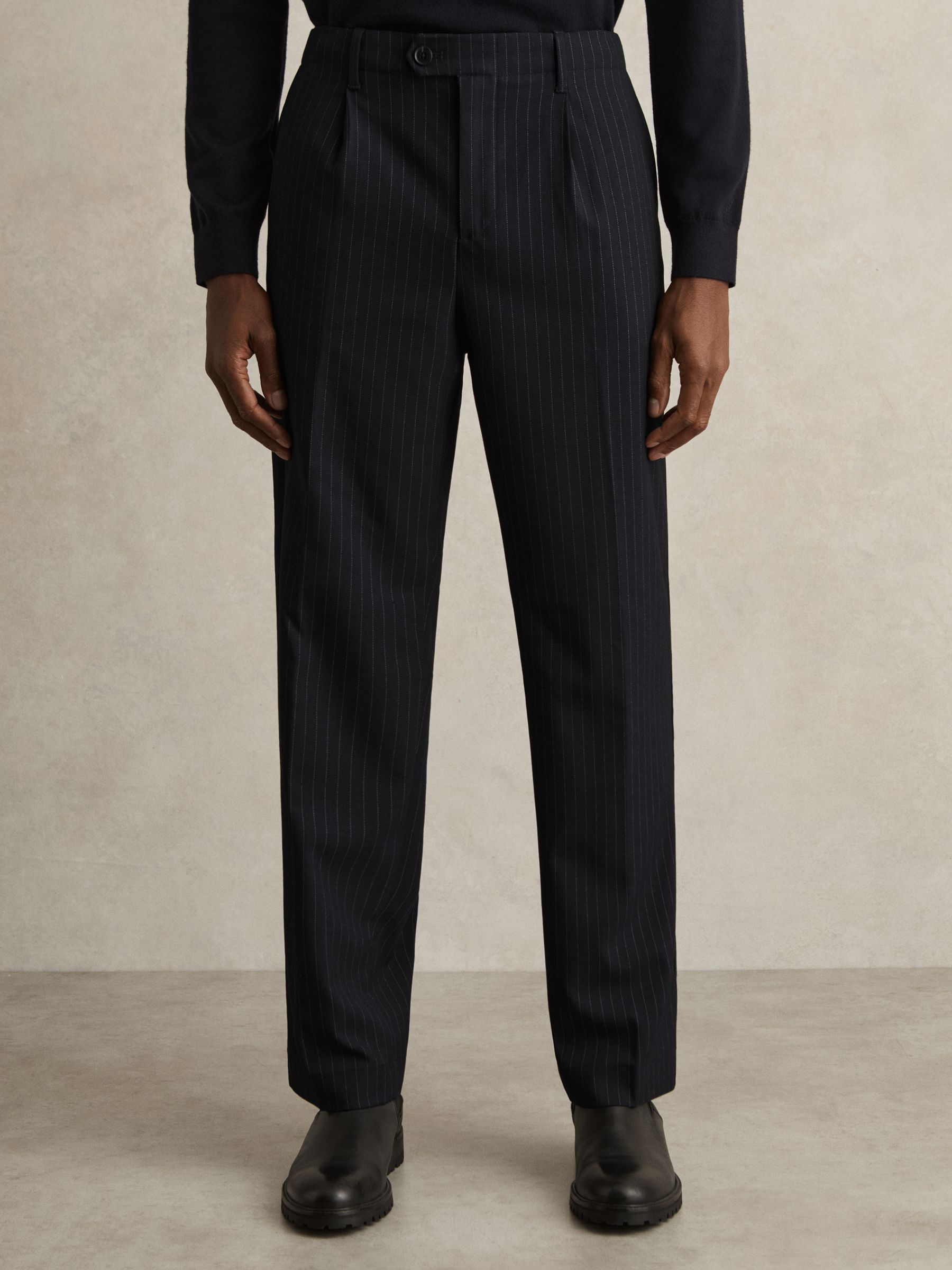 Straight Leg Pinstripe Trousers in Navy
