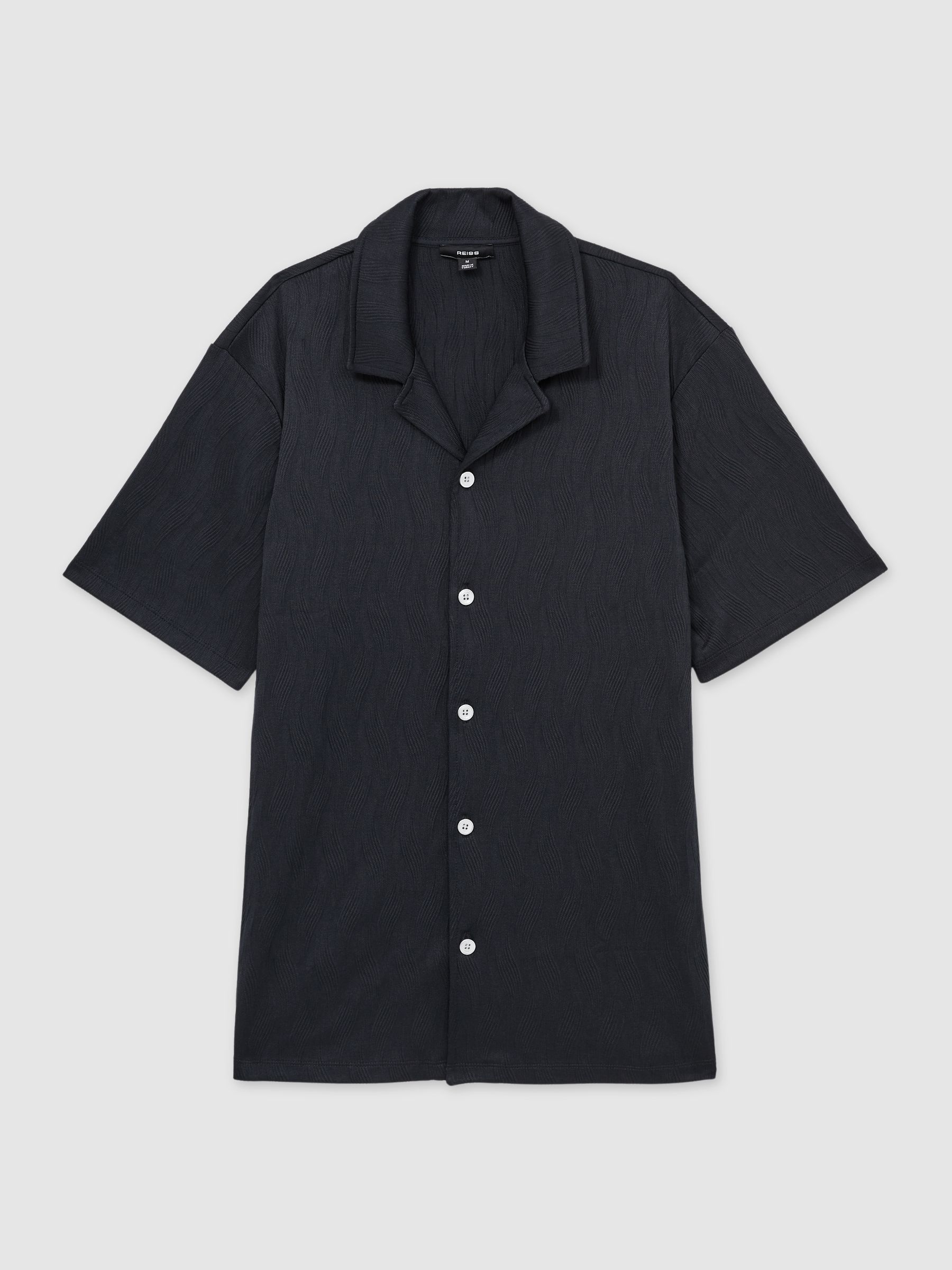 Wave-Jacquard Cuban-Collar Shirt in Navy
