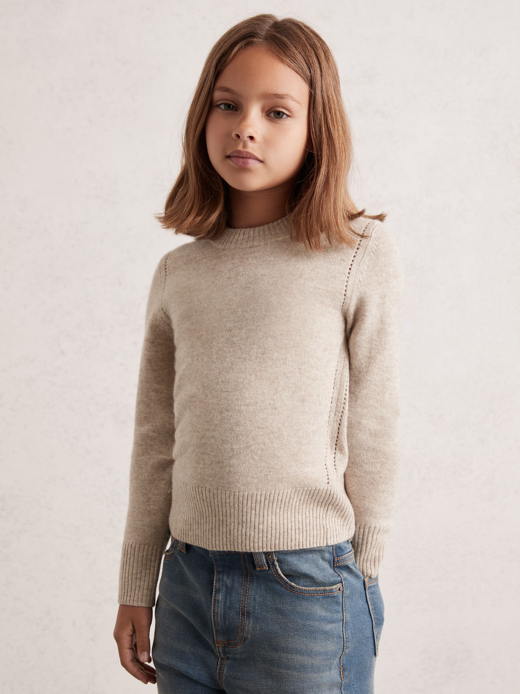 9-13 yrs Wool-Blend Open-Stitch Jumper with Cashmere in Oatmeal