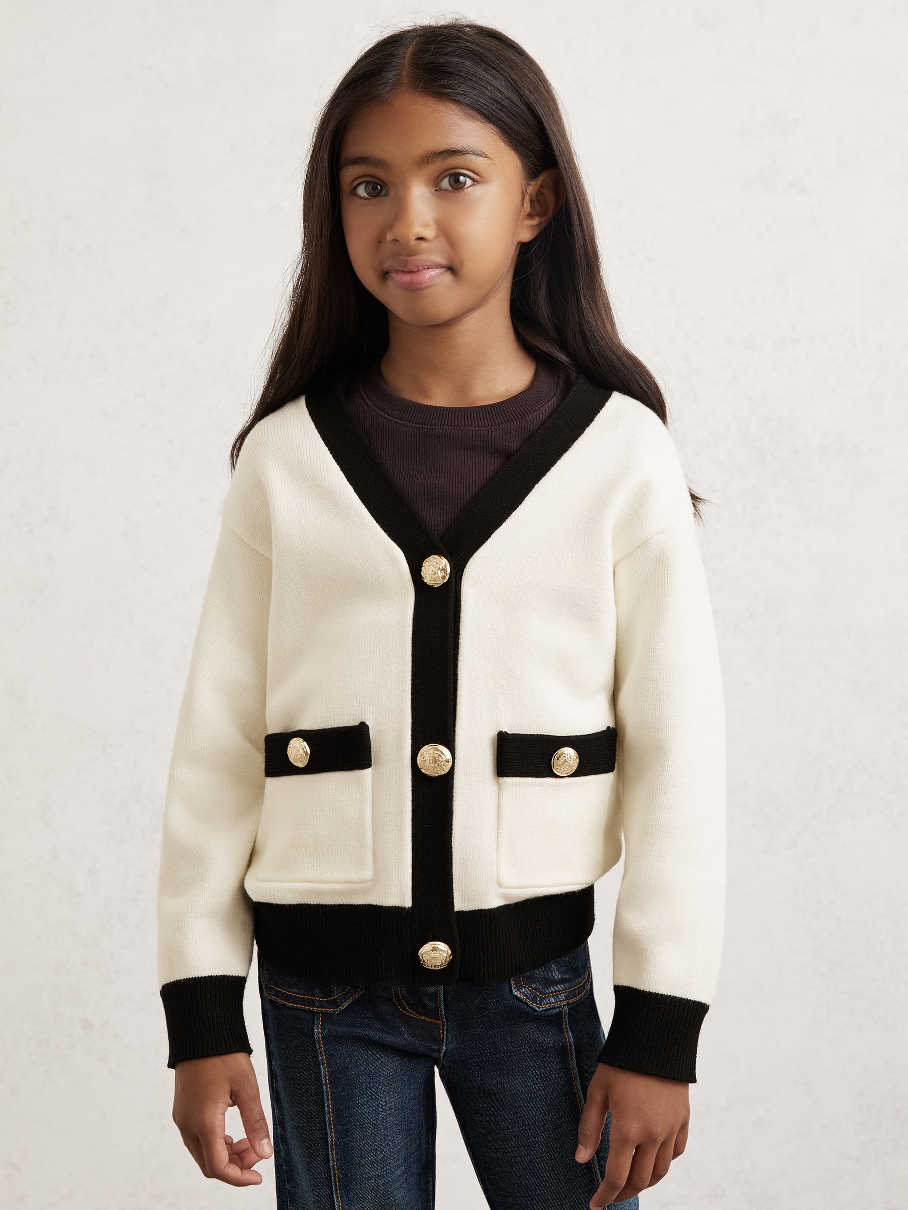 13-14 yrs Tipped V-Neck Cardigan in Ecru