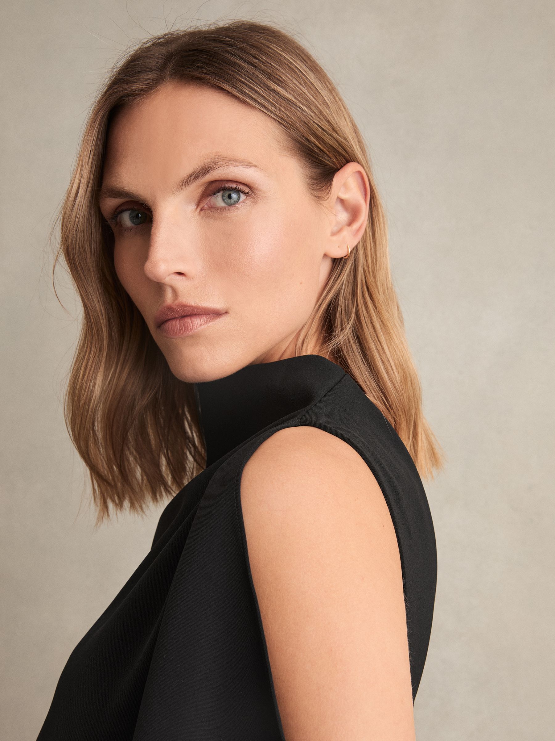 Draped-Front High-Neck Midi Dress in Black