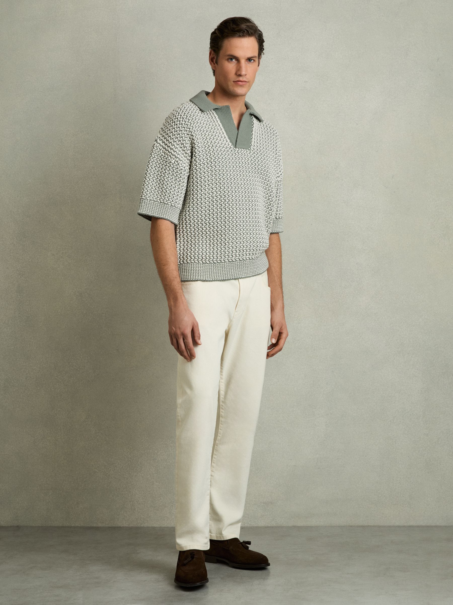 Chunky-Knit Open-Collar Polo Shirt in Sage/Off White