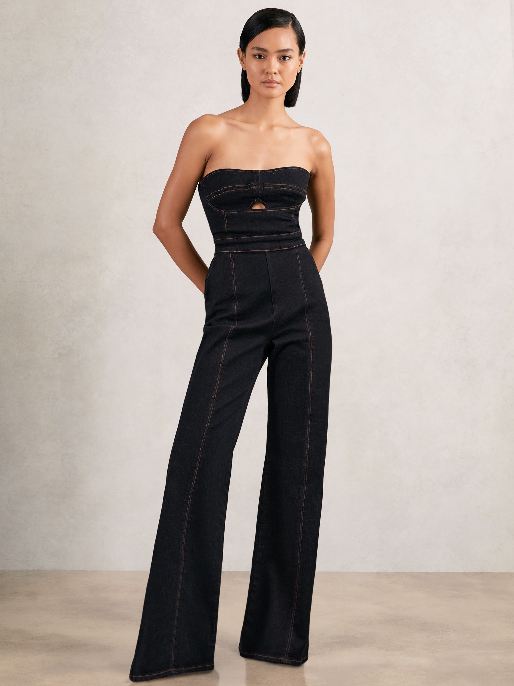 Strapless Wide Leg Denim Jumpsuit in Indigo Blue