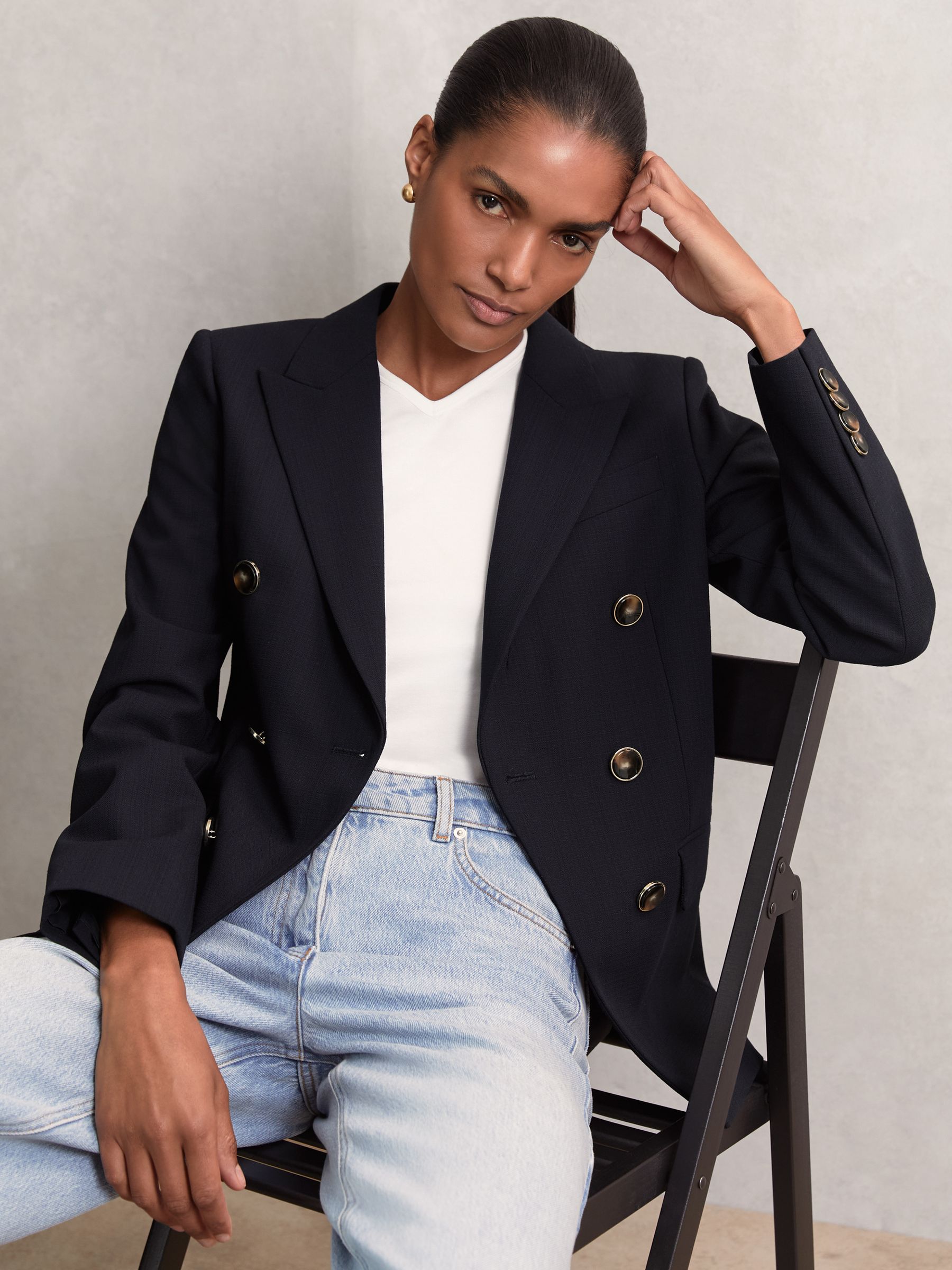 Petite Wool-Blend Double-Breasted Blazer in Navy