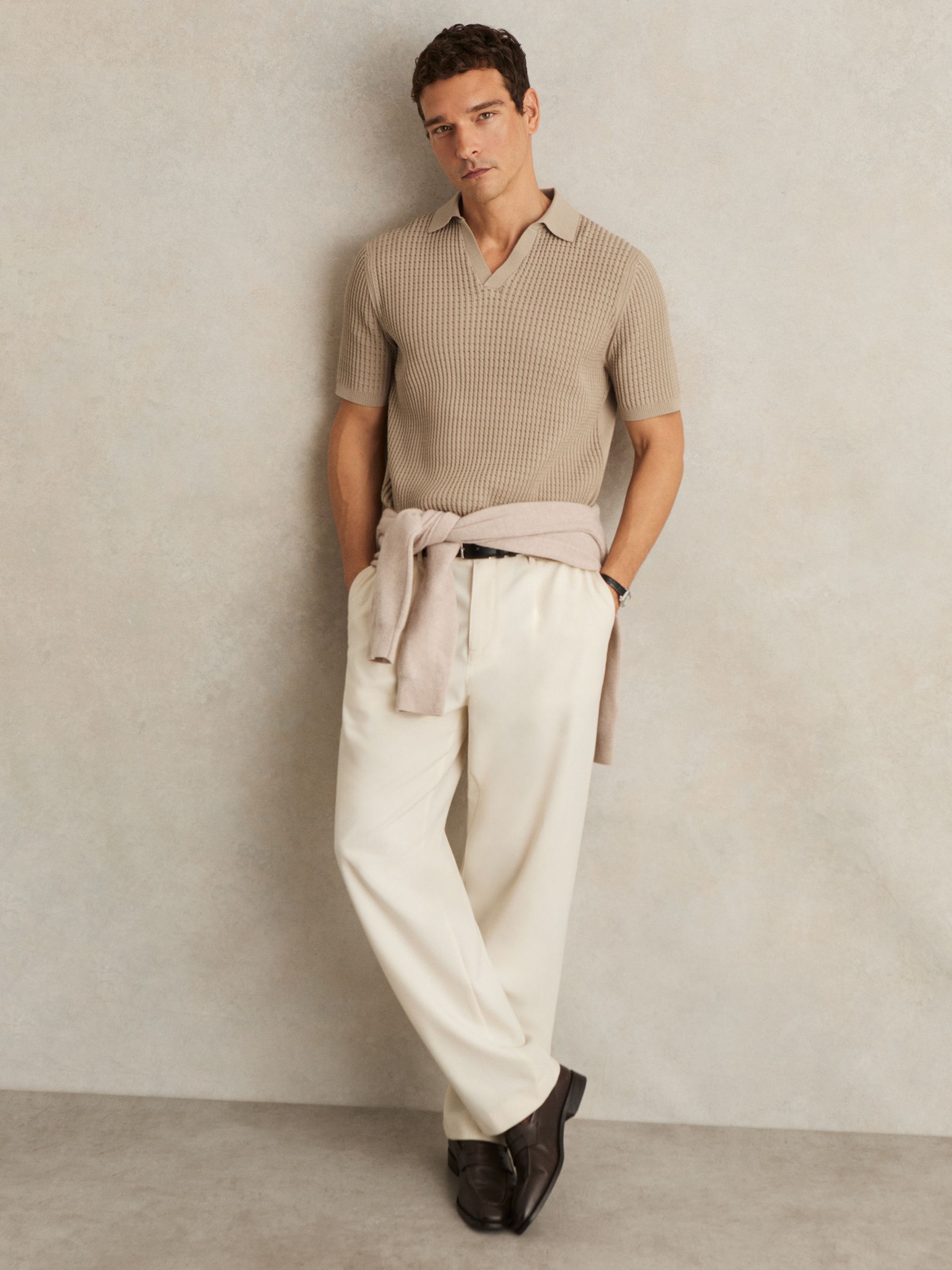 Micro-Cable Open-Collar Cotton-Blend Shirt in Light Camel Brown