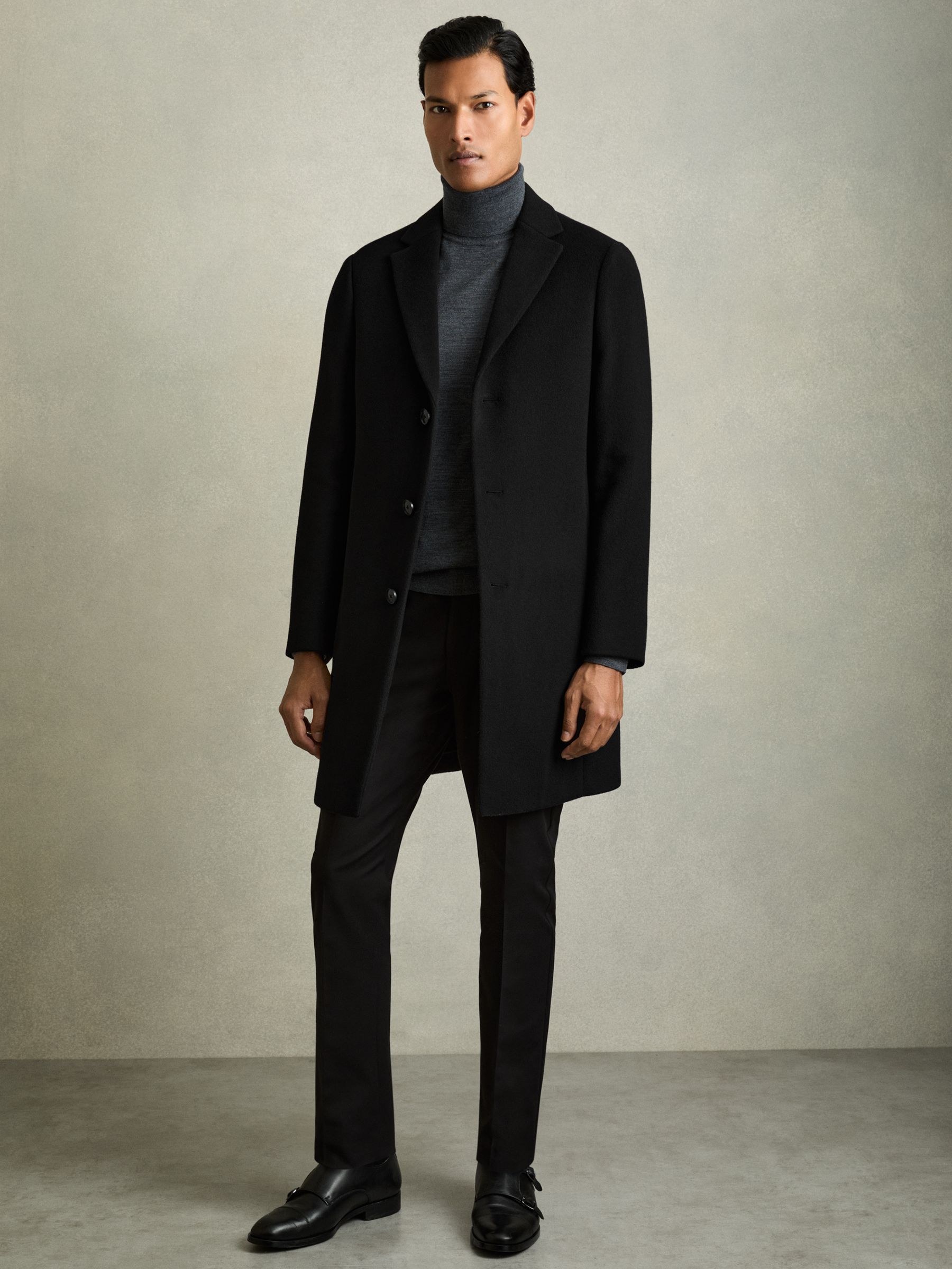 Wool-Blend Single-Breasted Overcoat in Black