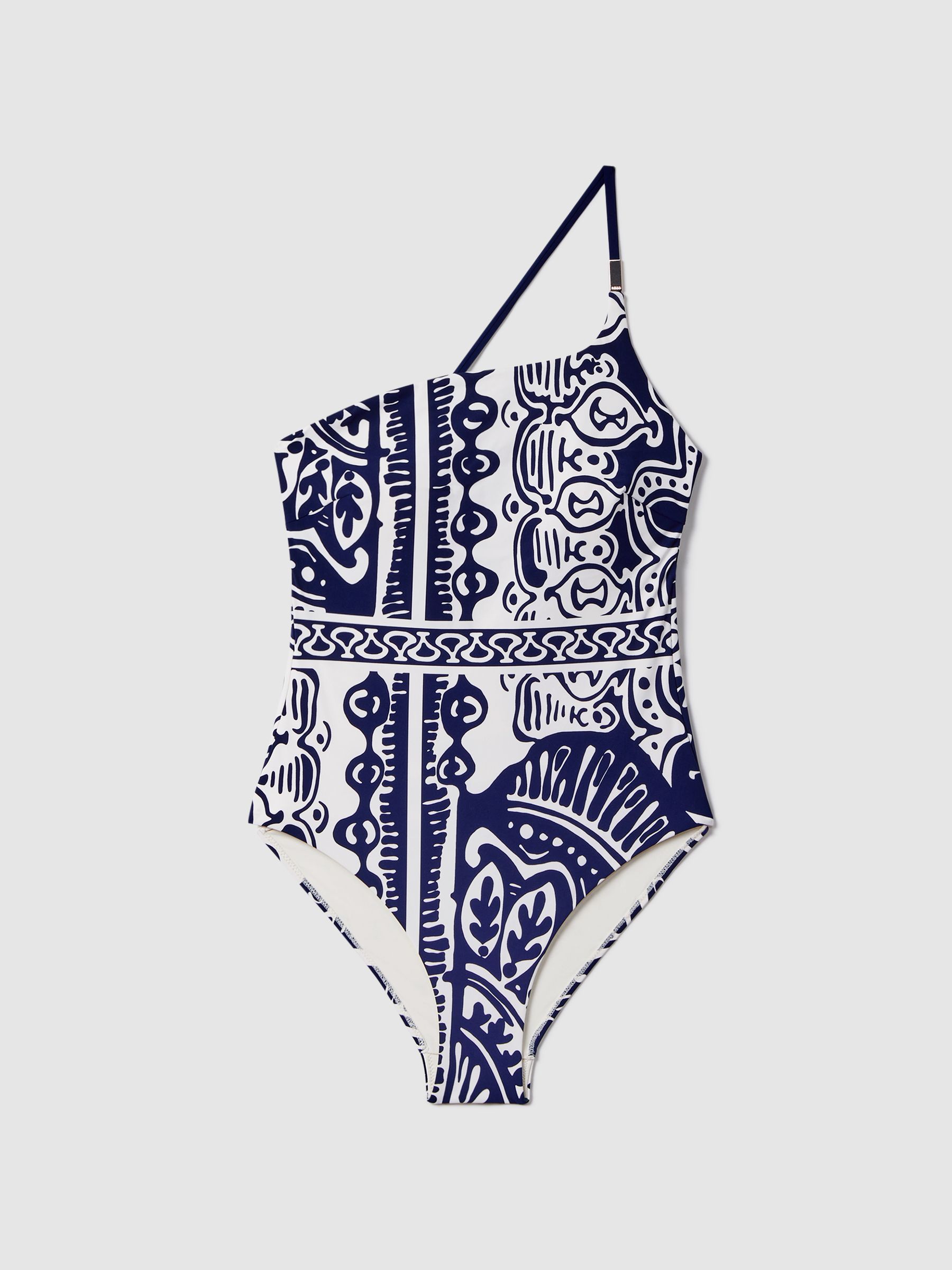 Printed One-Shoulder Swimsuit in Navy/White