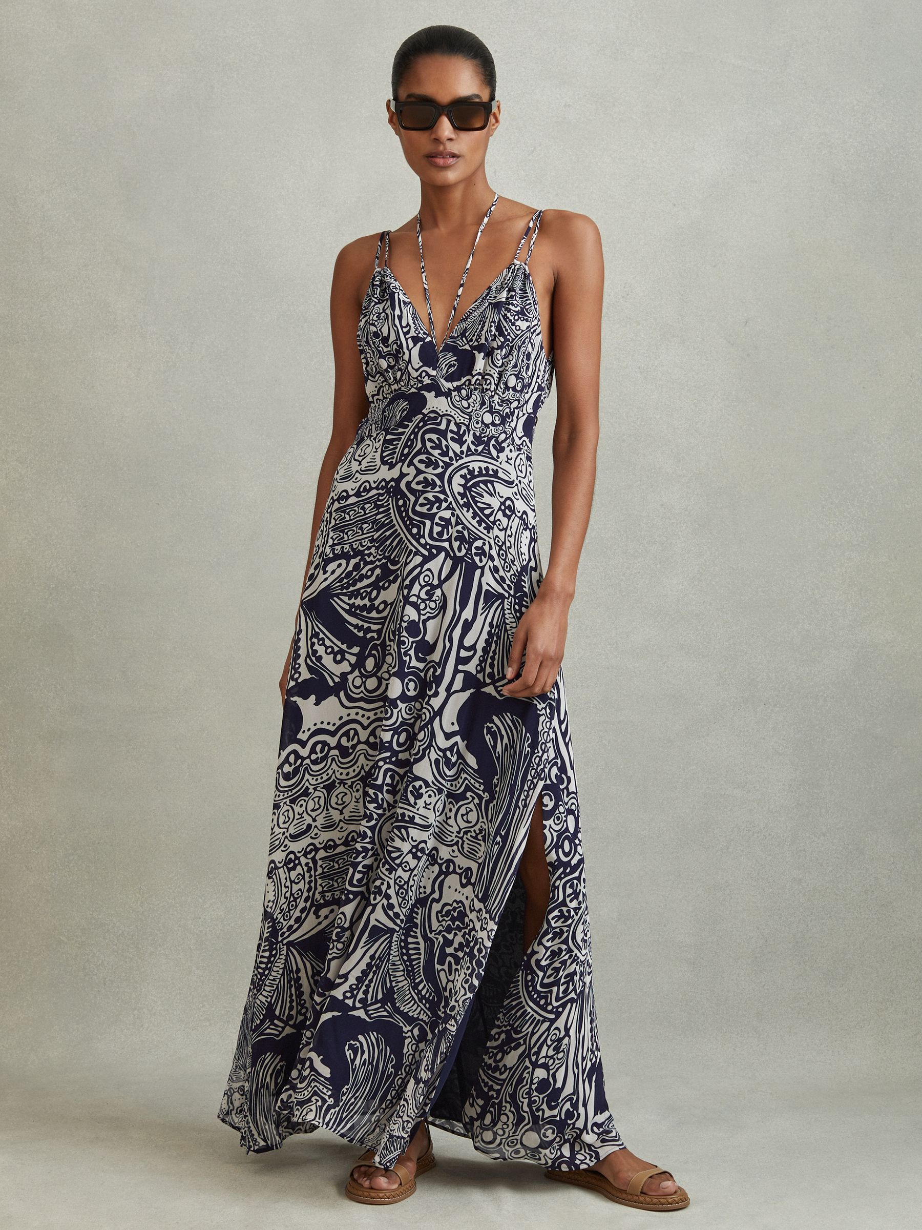 Printed Strappy Resort Midi Dress in Navy