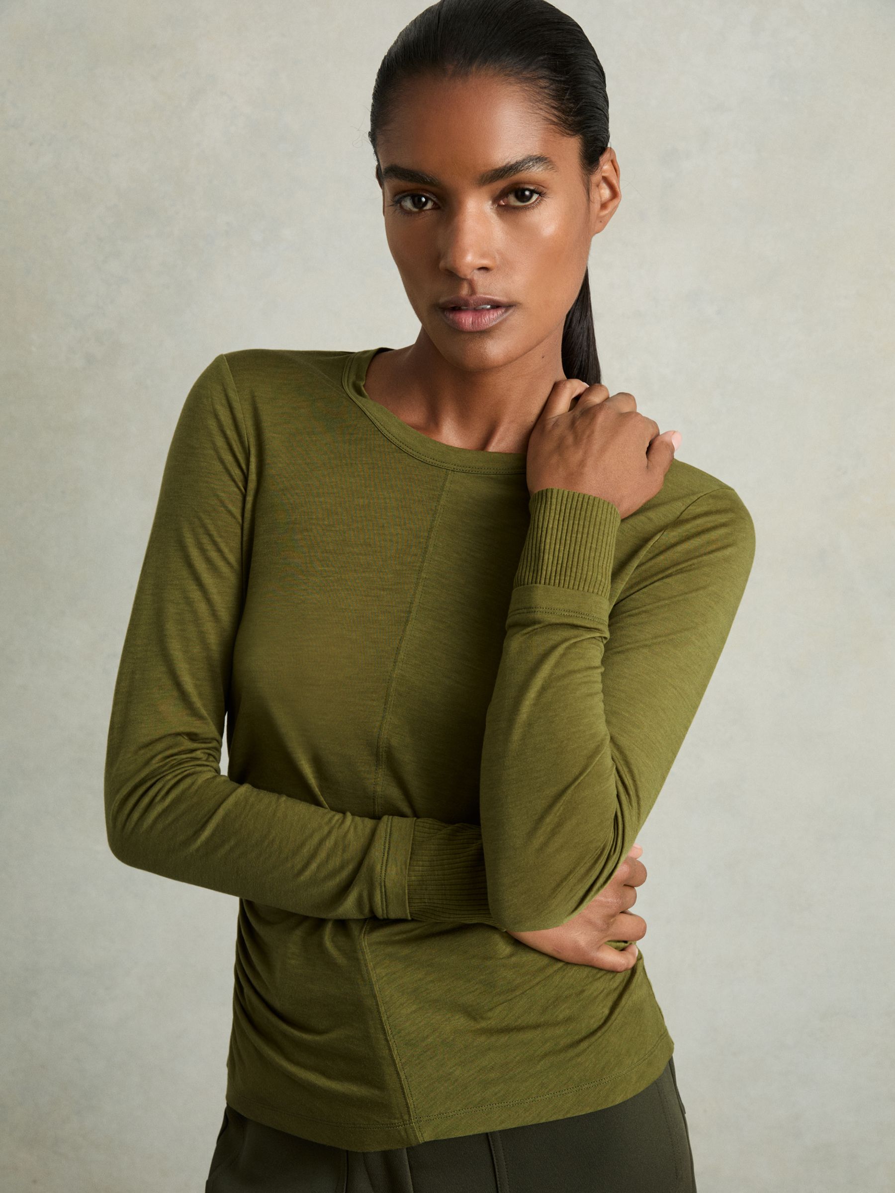 Ruched Side Crew-Neck Top in Green