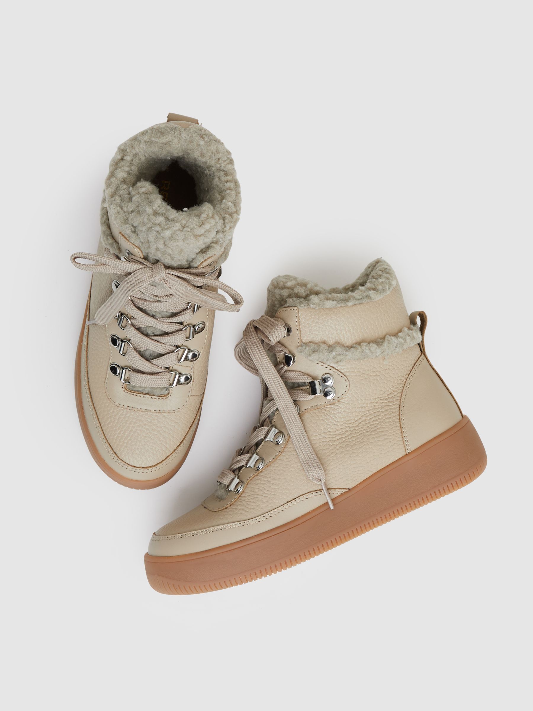 Grained Leather and Fleece Ankle Boots in Cream