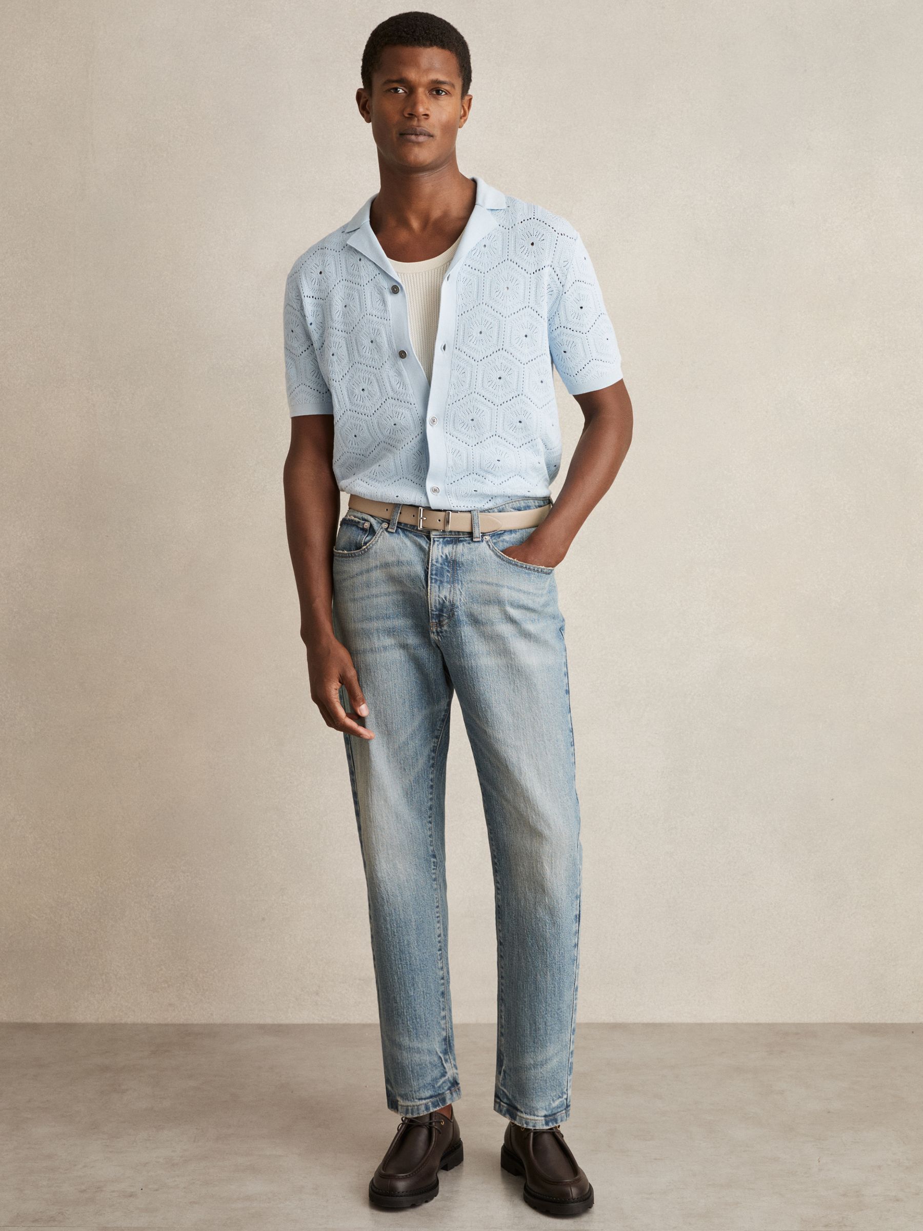 Pointelle Button-Through Shirt in Soft Blue