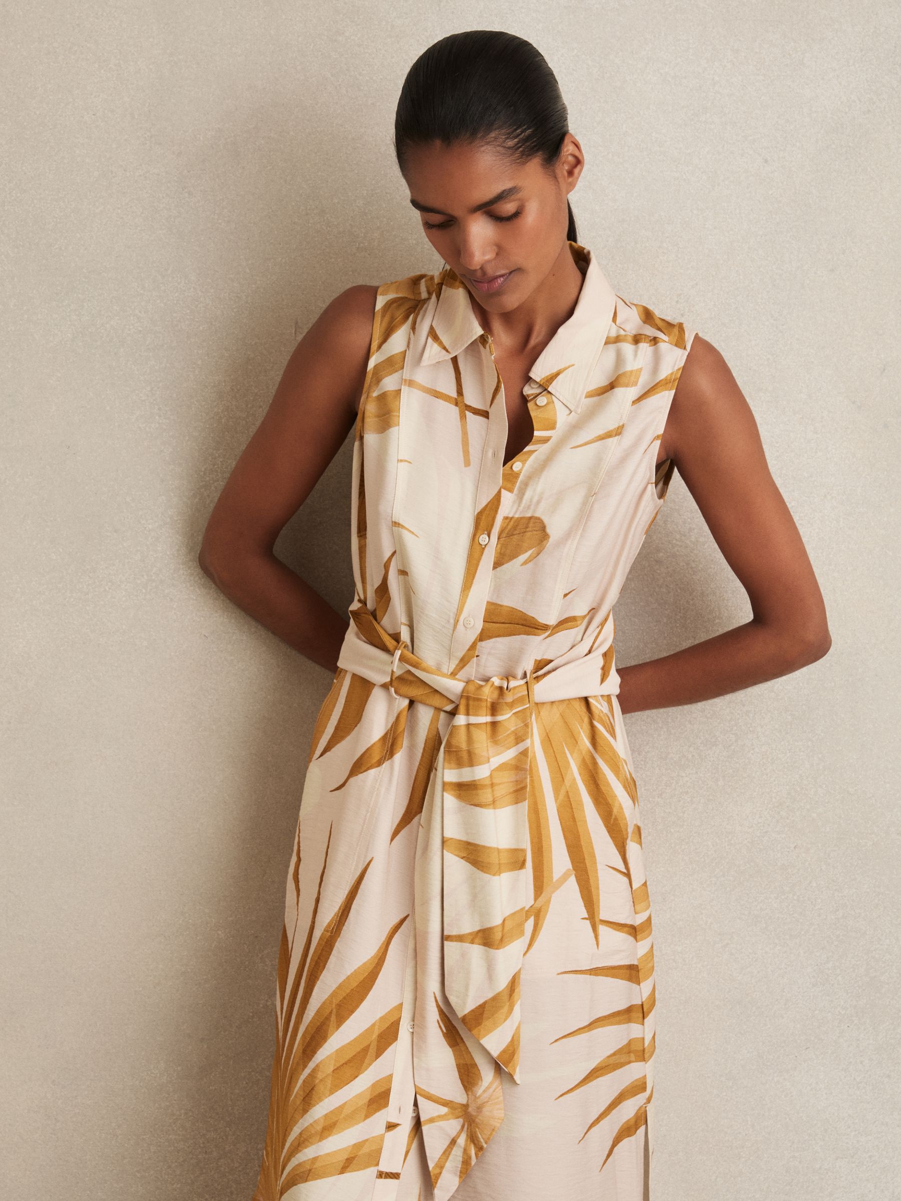 Petite Palm-Print Sleeveless Shirt Dress in Neutral