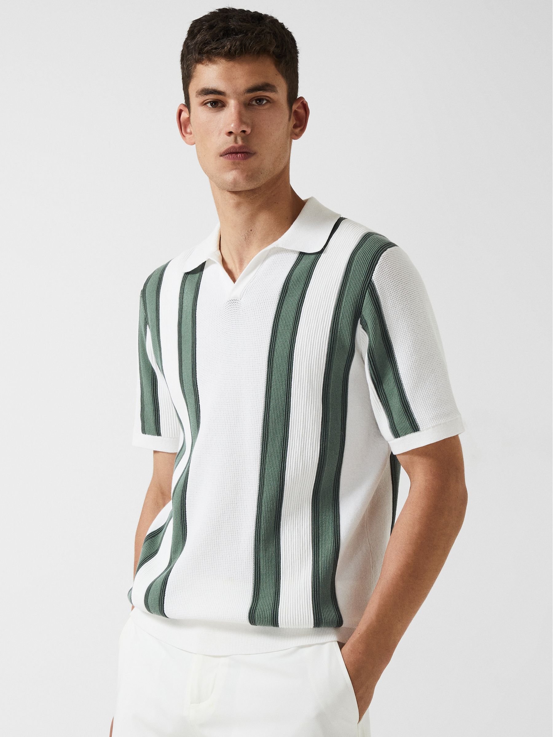 Open Collar Striped Polo T-Shirt in White/Sage