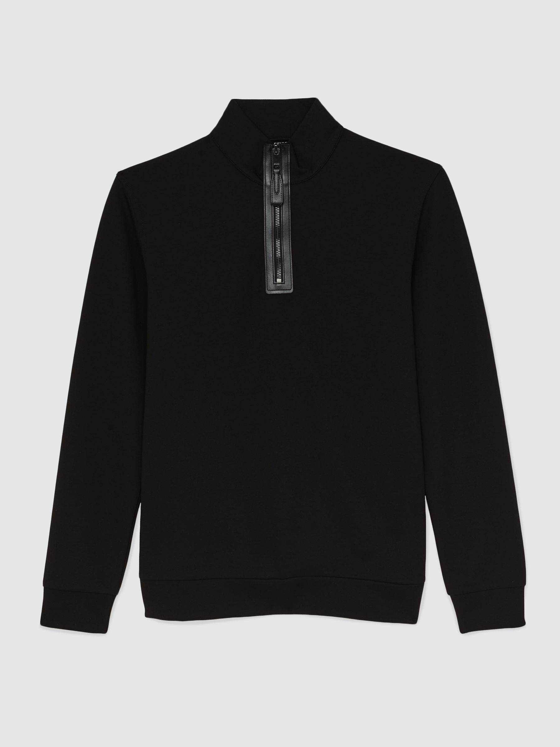 Leather-Placket Interlock Sweatshirt in Black