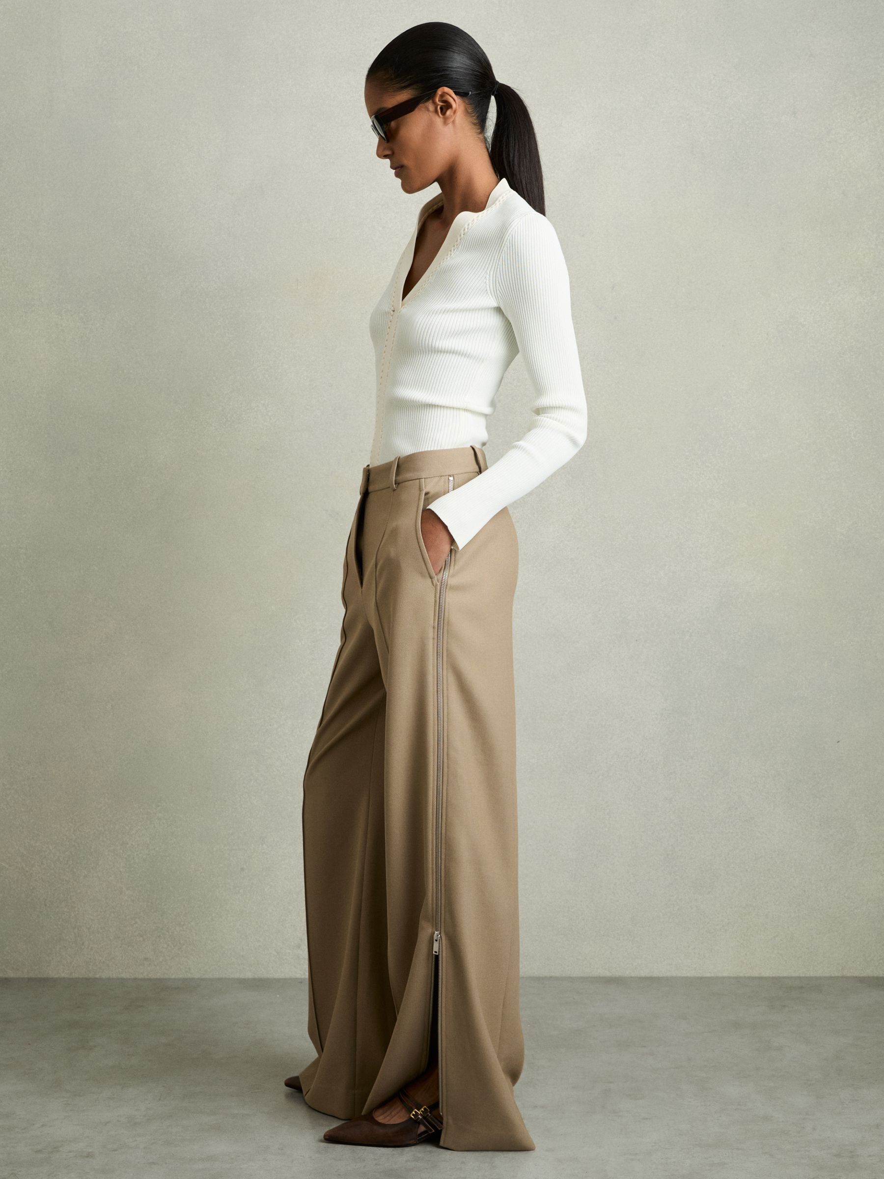 Wide-Leg Side-Zip Trousers in Sage Green