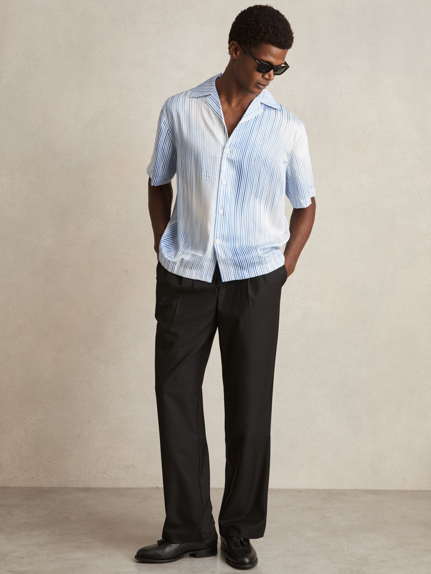 Faded-Stripe Cuban-Collar Shirt in Soft Blue/White