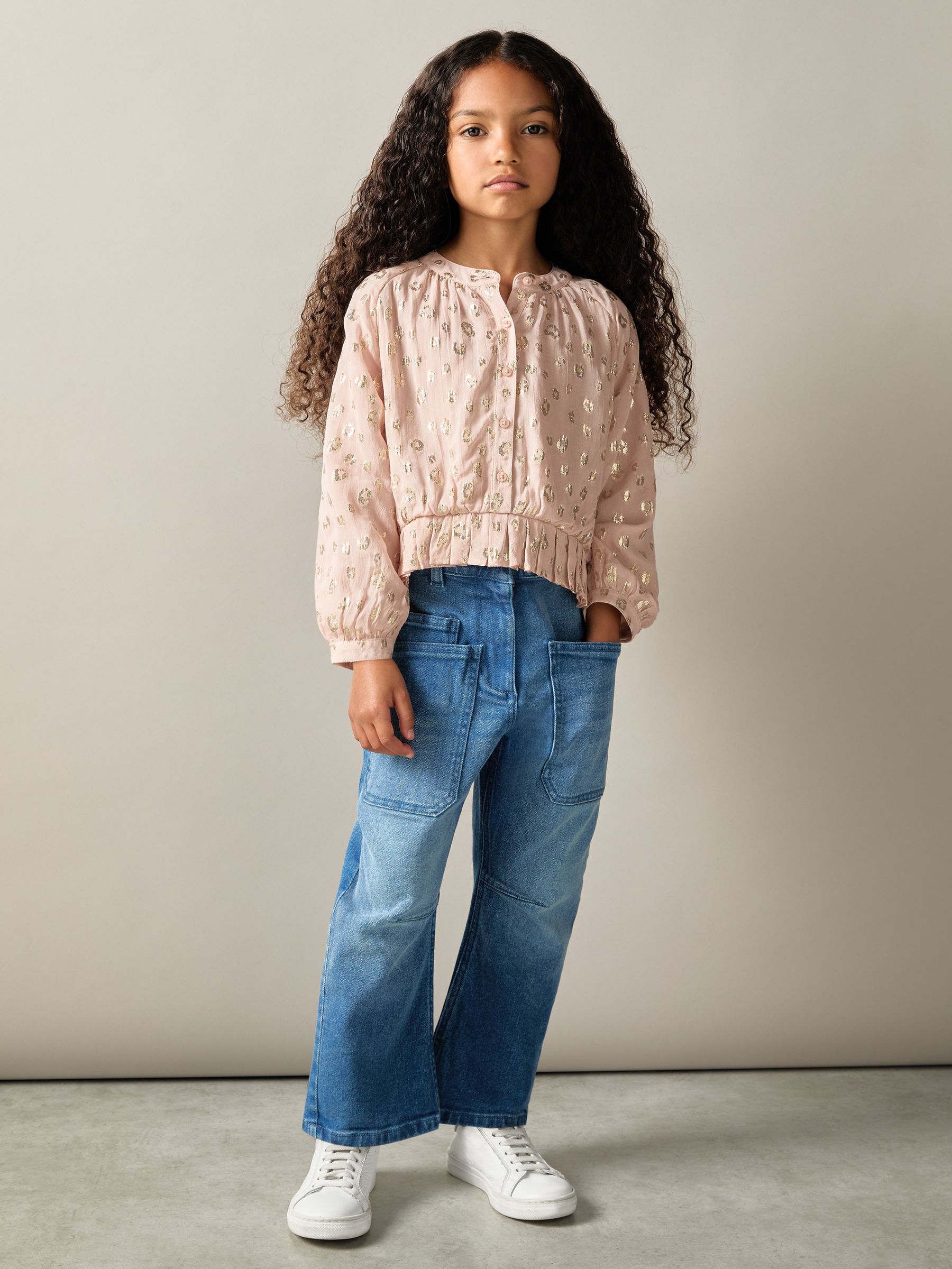 9-13 yrs Metallic Print Puff Sleeve Ruffle Top in Pink