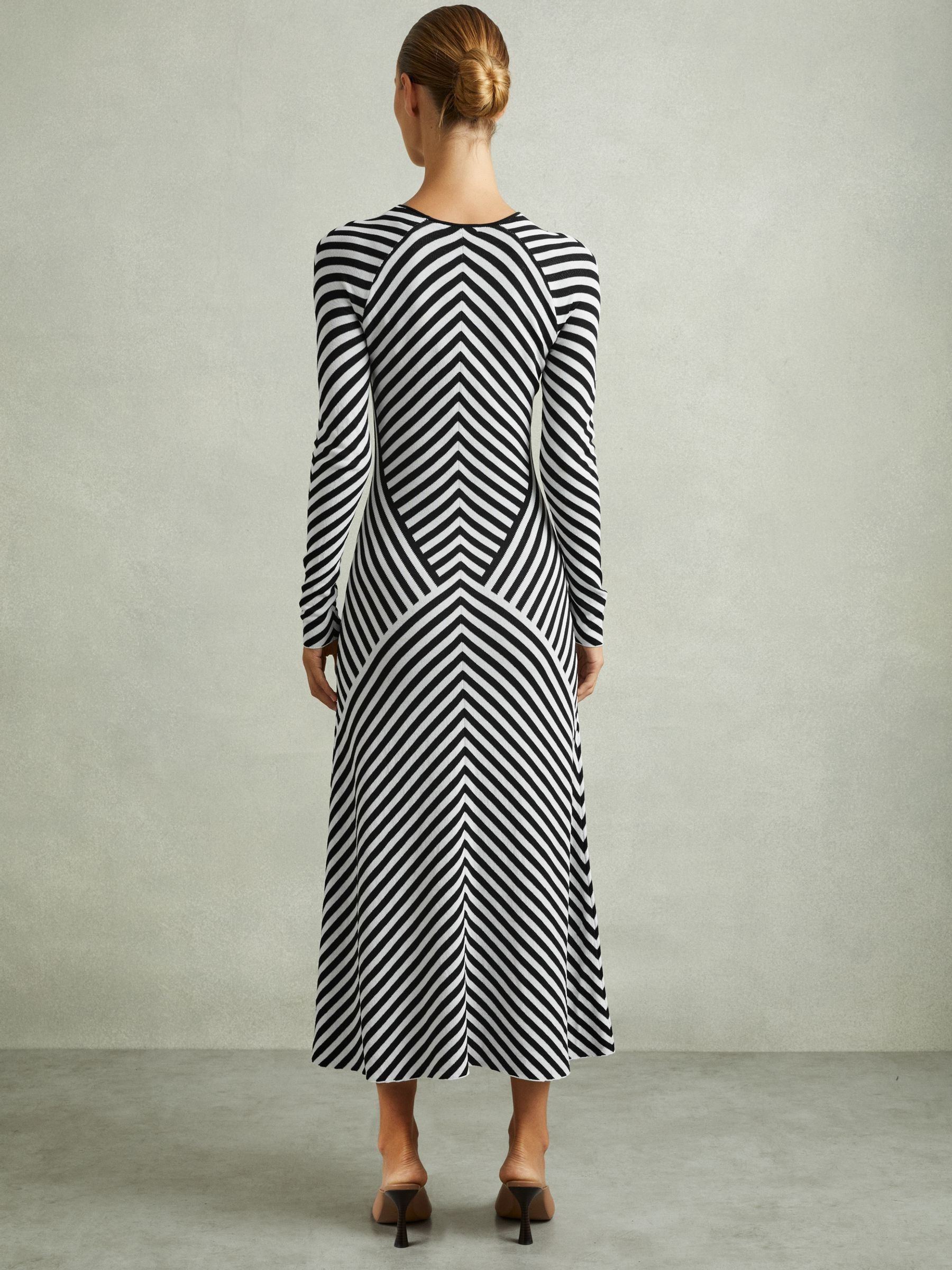 Knitted Striped Midi Dress in Black/Ivory