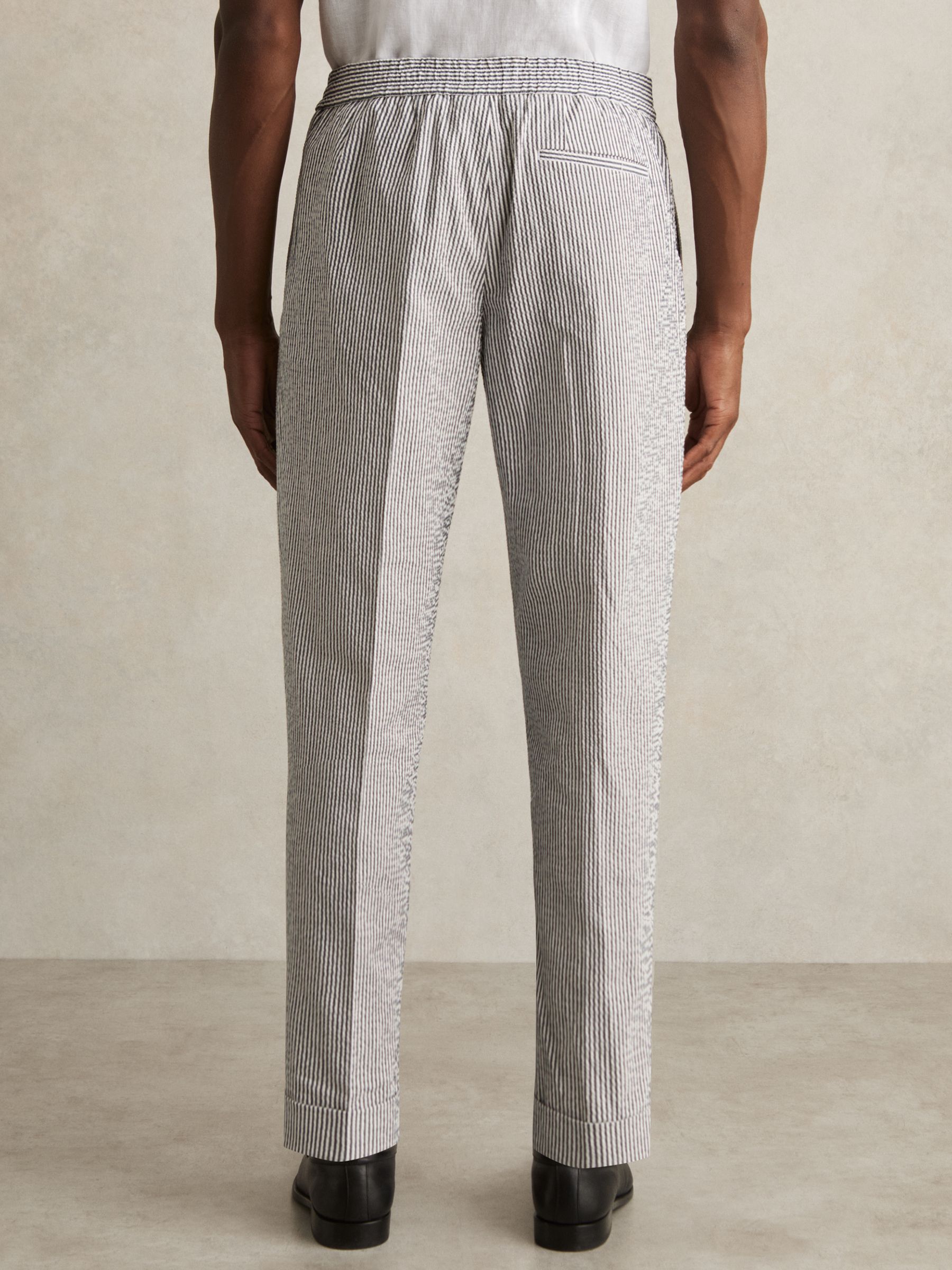 Stretch Seersucker Stripe Trousers in Navy/White