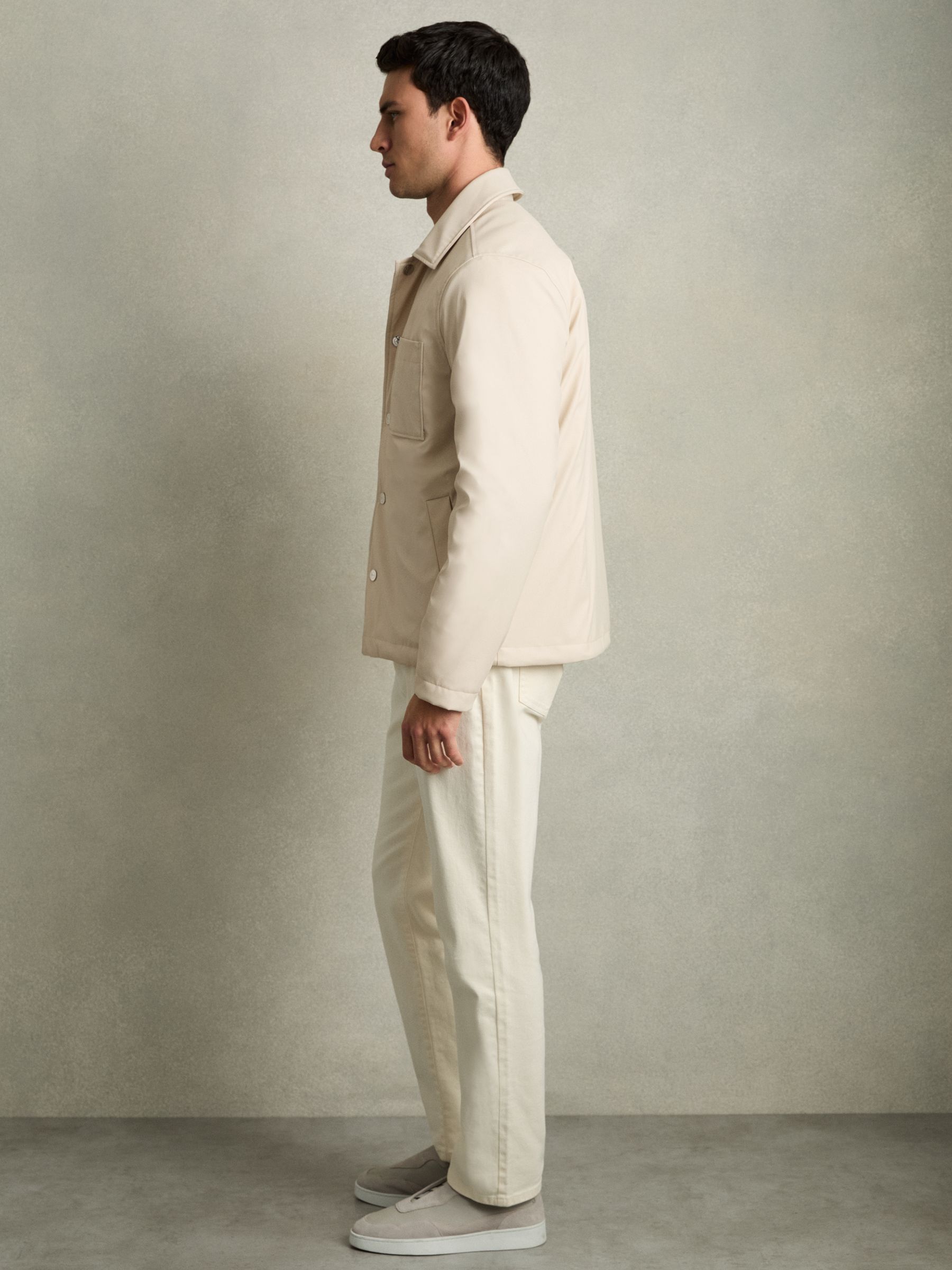 Padded Technical Press-Stud Overshirt in Stone