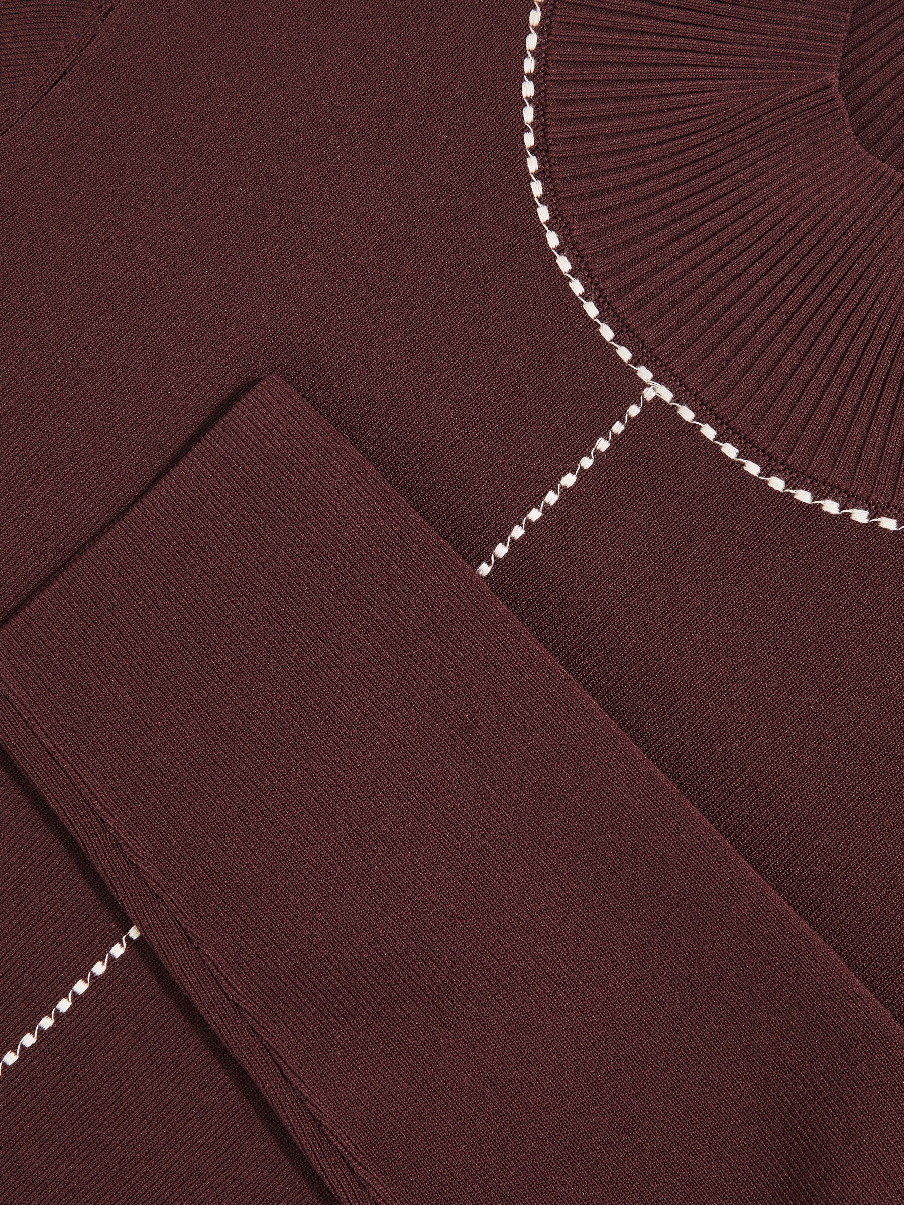 Stitch-Detail Funnel-Neck Jumper in Burgundy/Camel