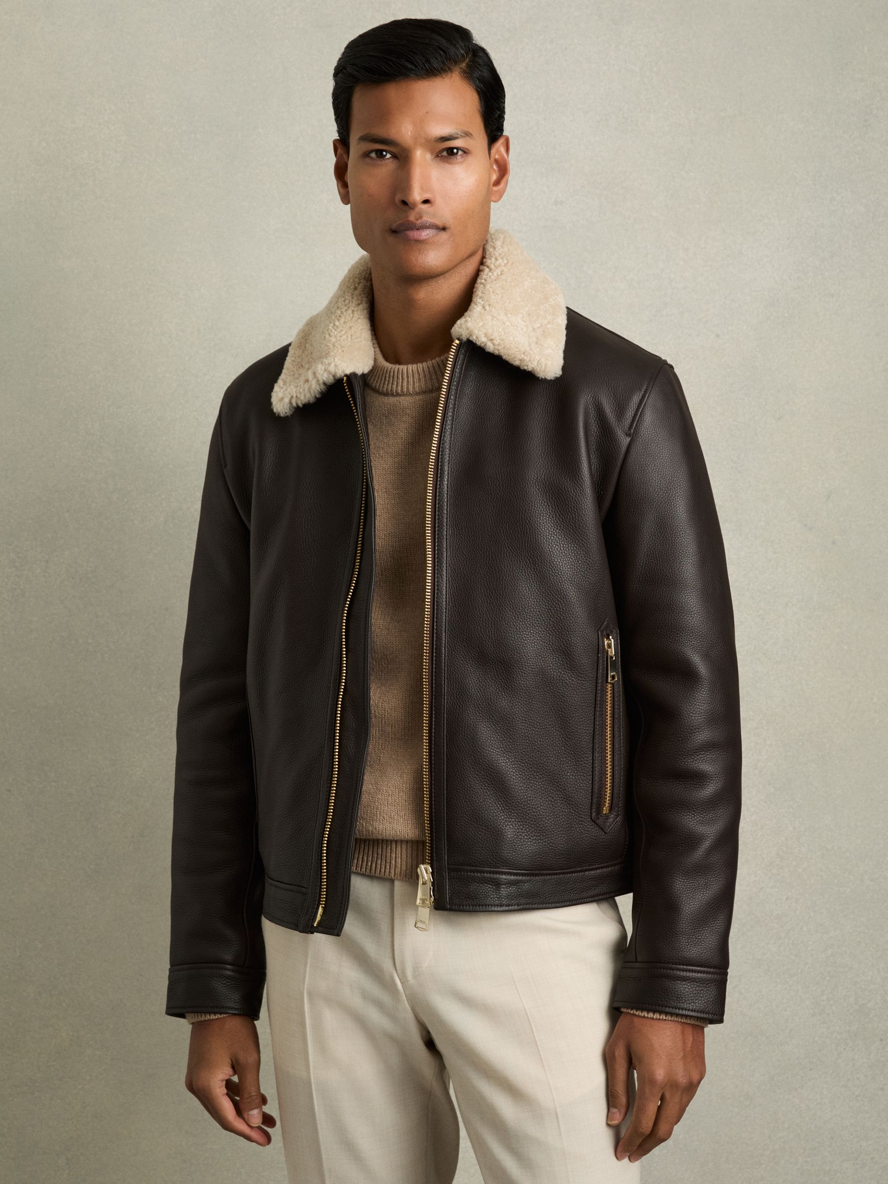 Shearling-Collar Leather Jacket in Dark Brown