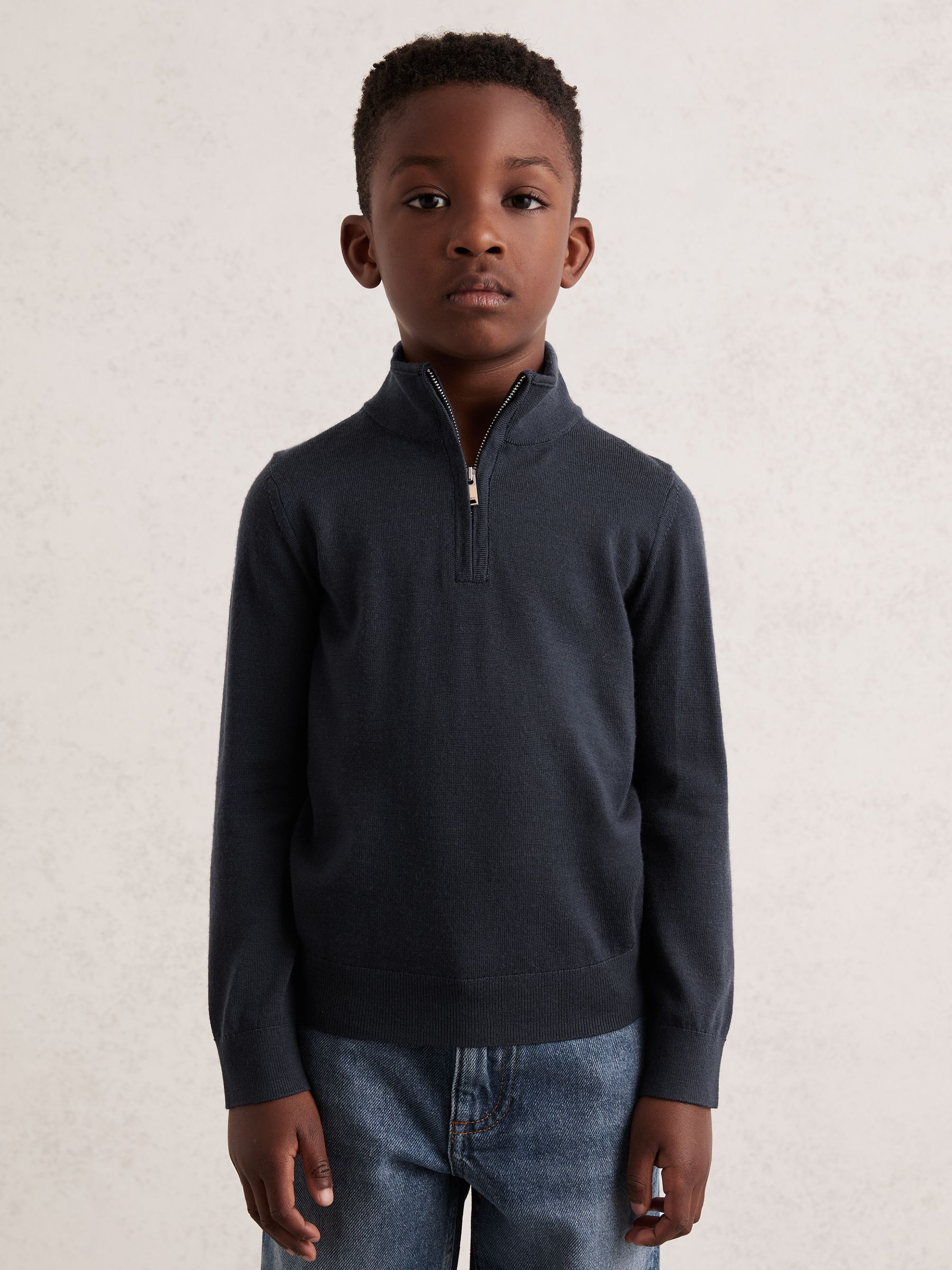 9-13 yrs Merino Wool Half-Zip Funnel Neck Jumper in Midnight Navy