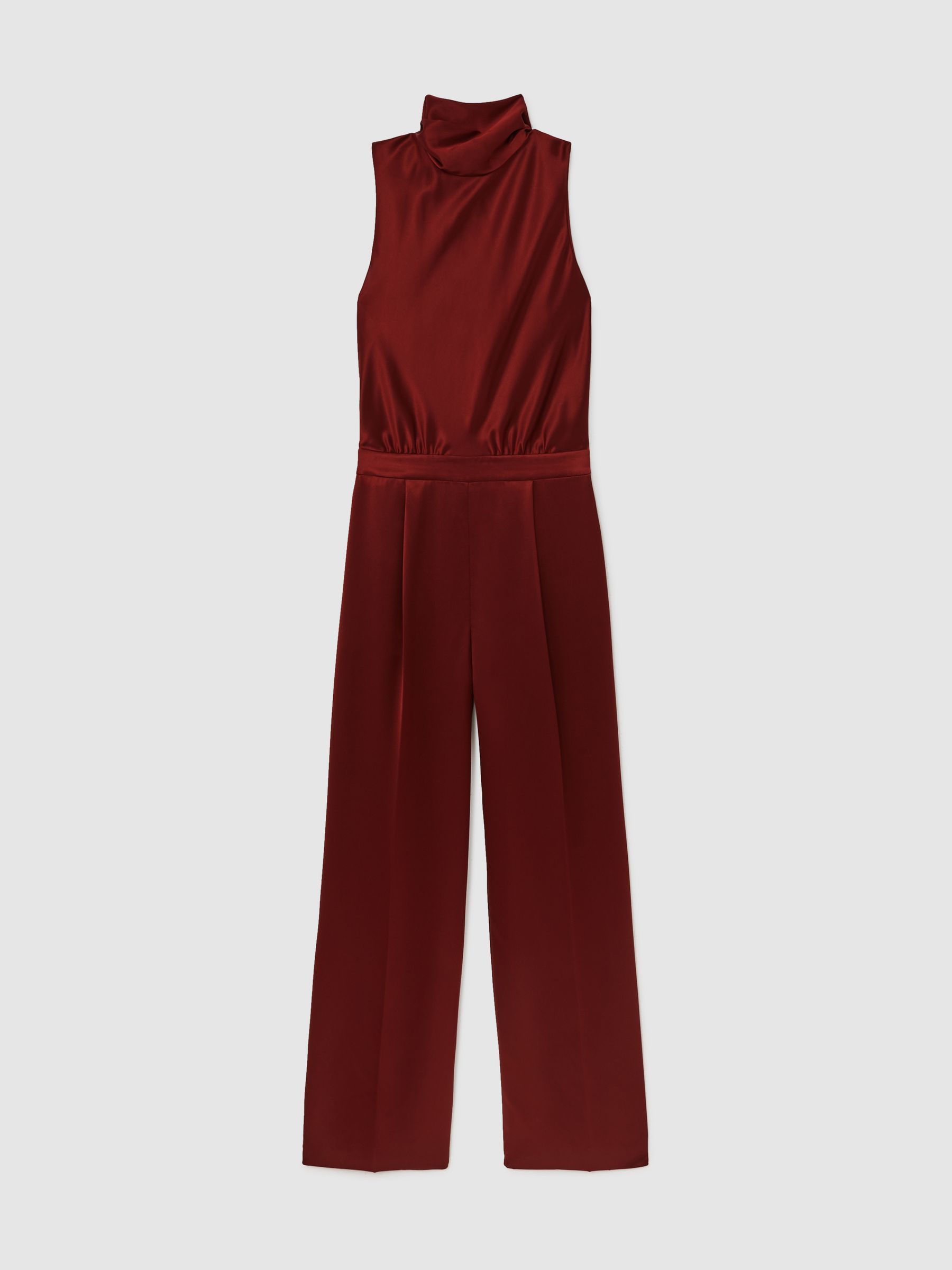 Petite Satin Cape-Sash Jumpsuit in Dark Red