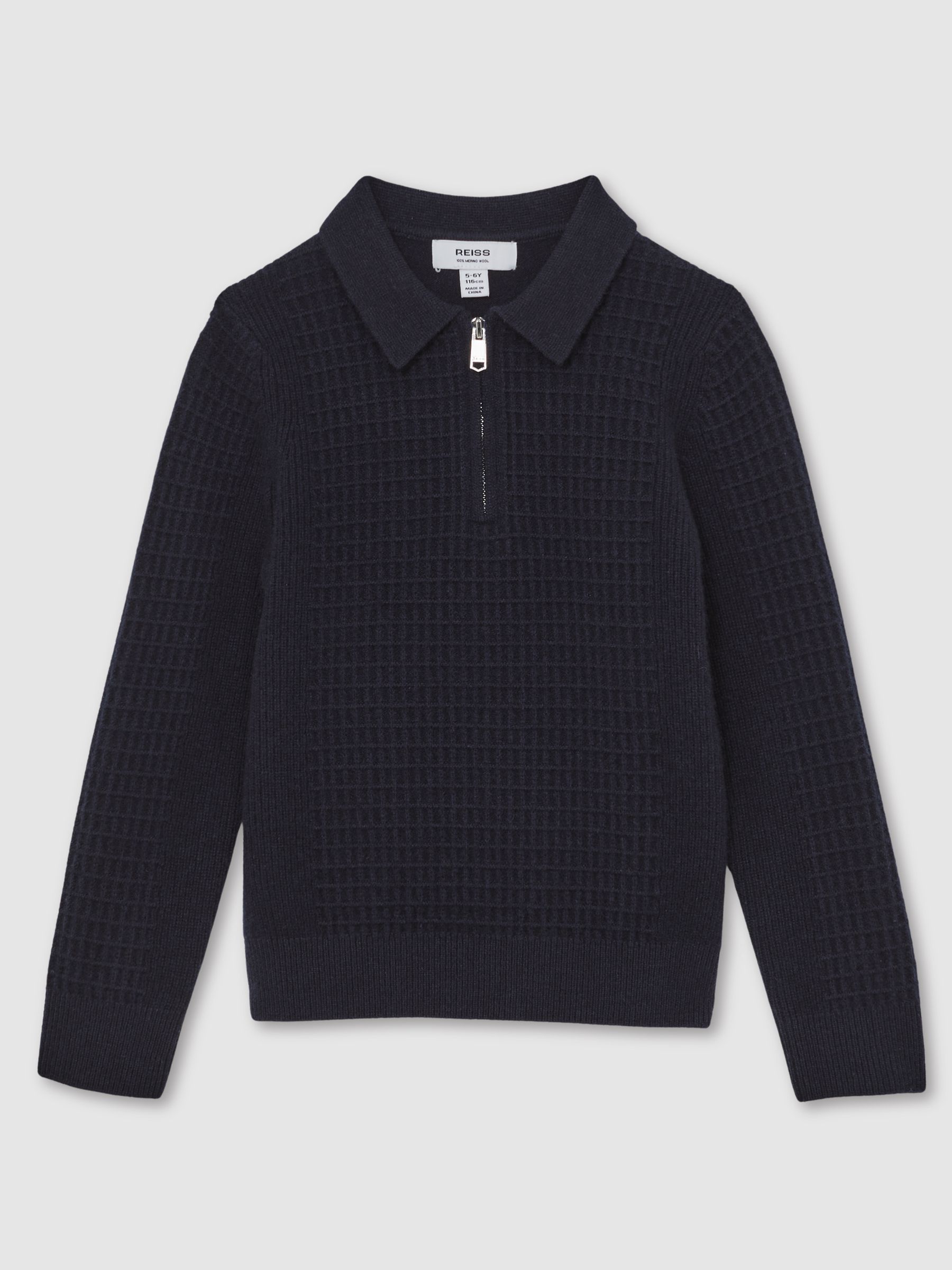 13-14 yrs Wool Waffle-Knit Half-Zip Polo Shirt in Navy Blue