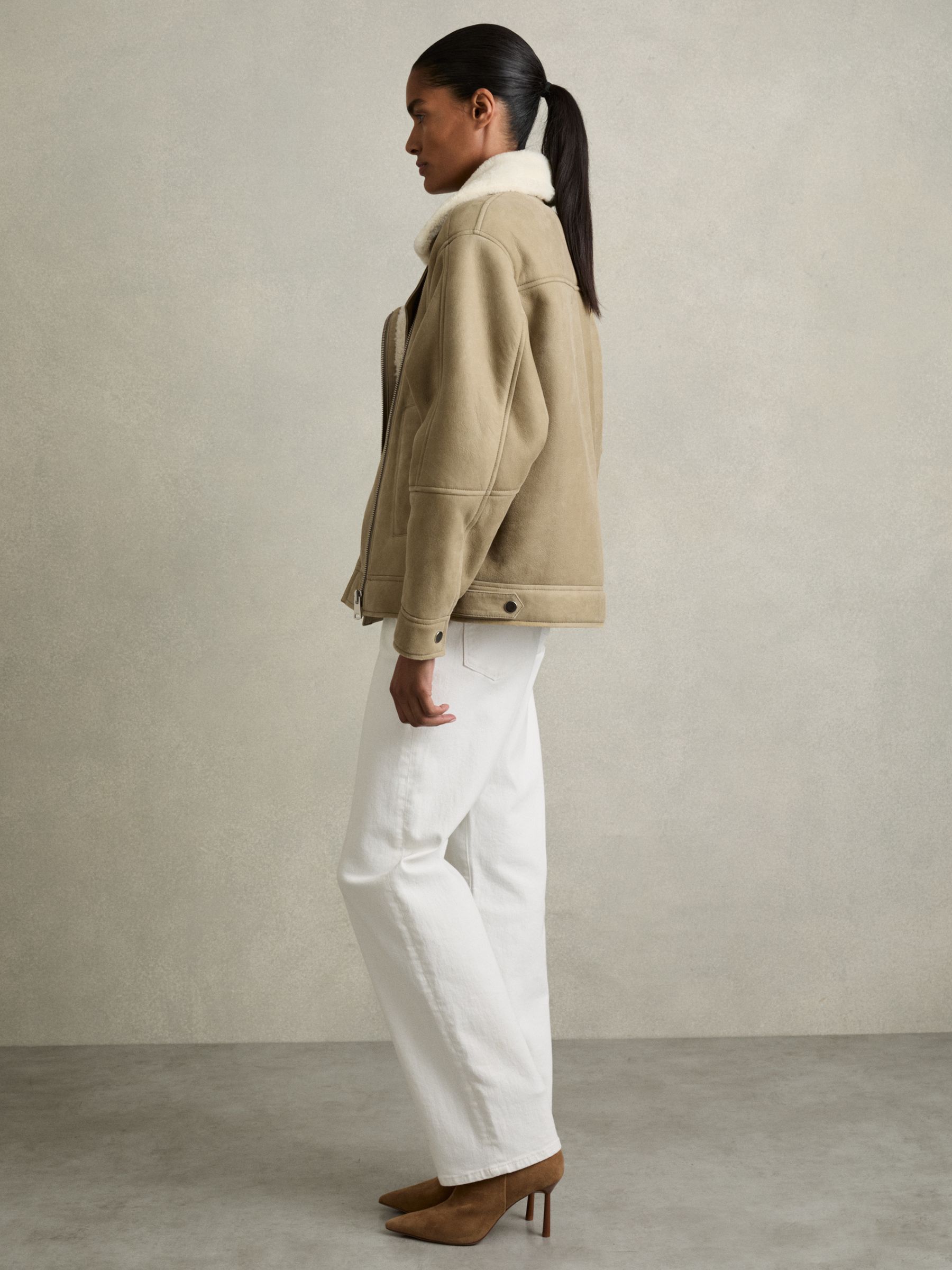 Shearling-Lined Leather Aviator Jacket in Light Green