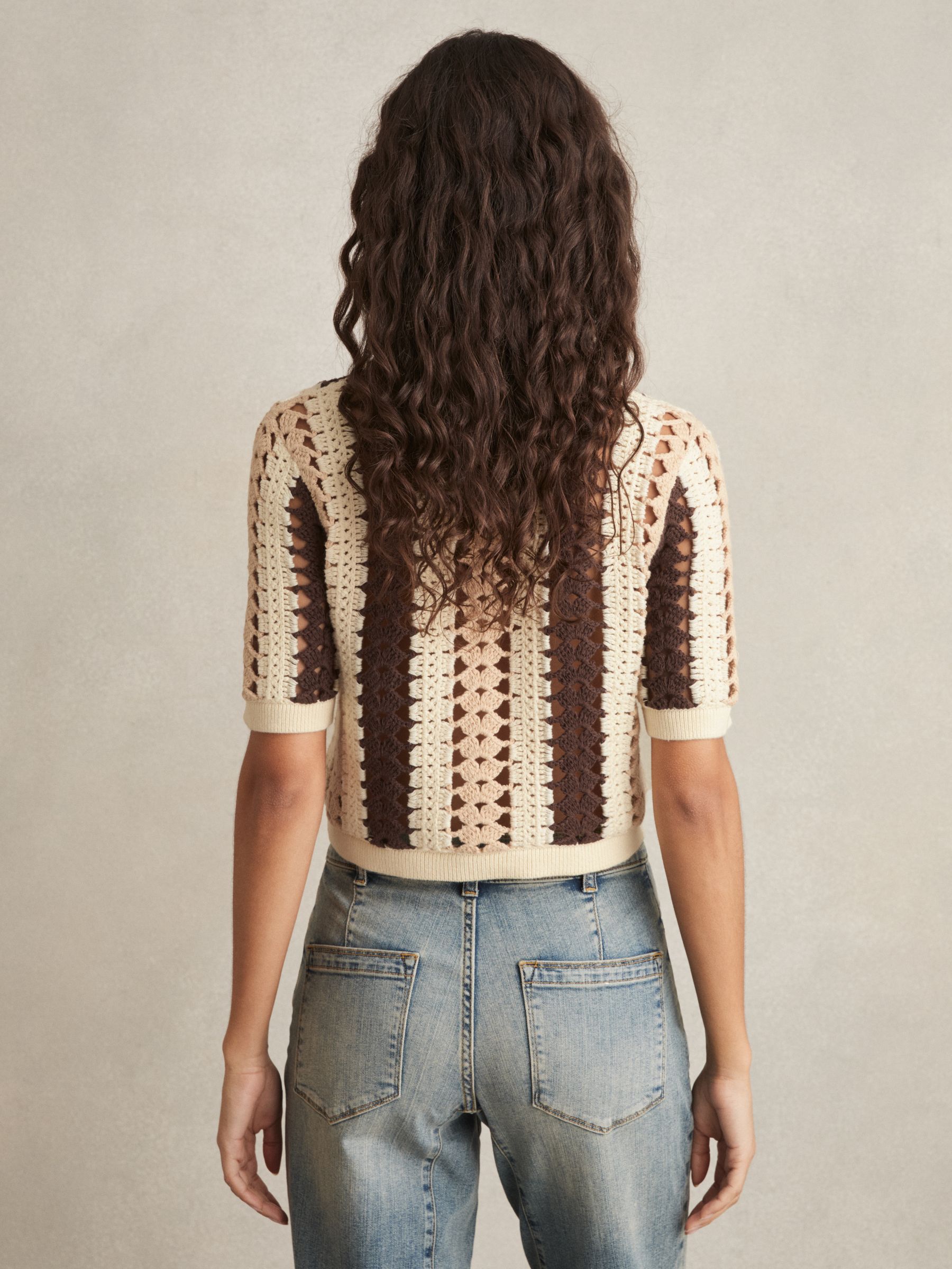 Cotton Crochet Striped Shirt in Cream/Brown
