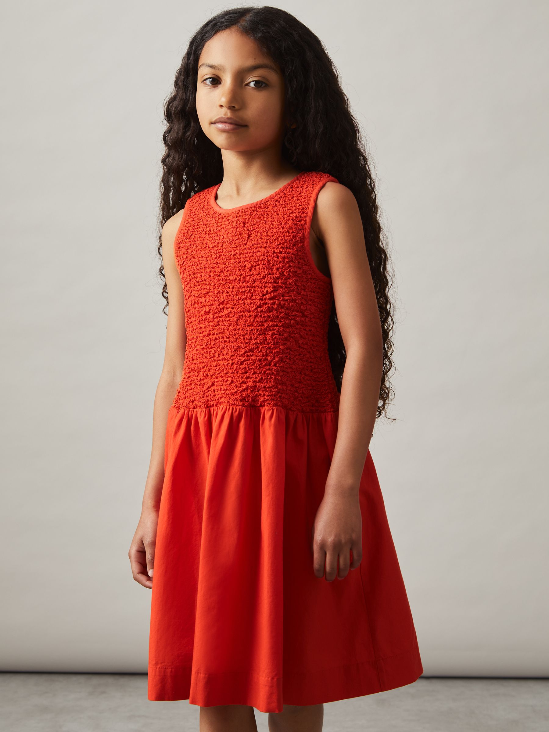 13-14 yrs Cotton Shirred-Bodice Dress in Red