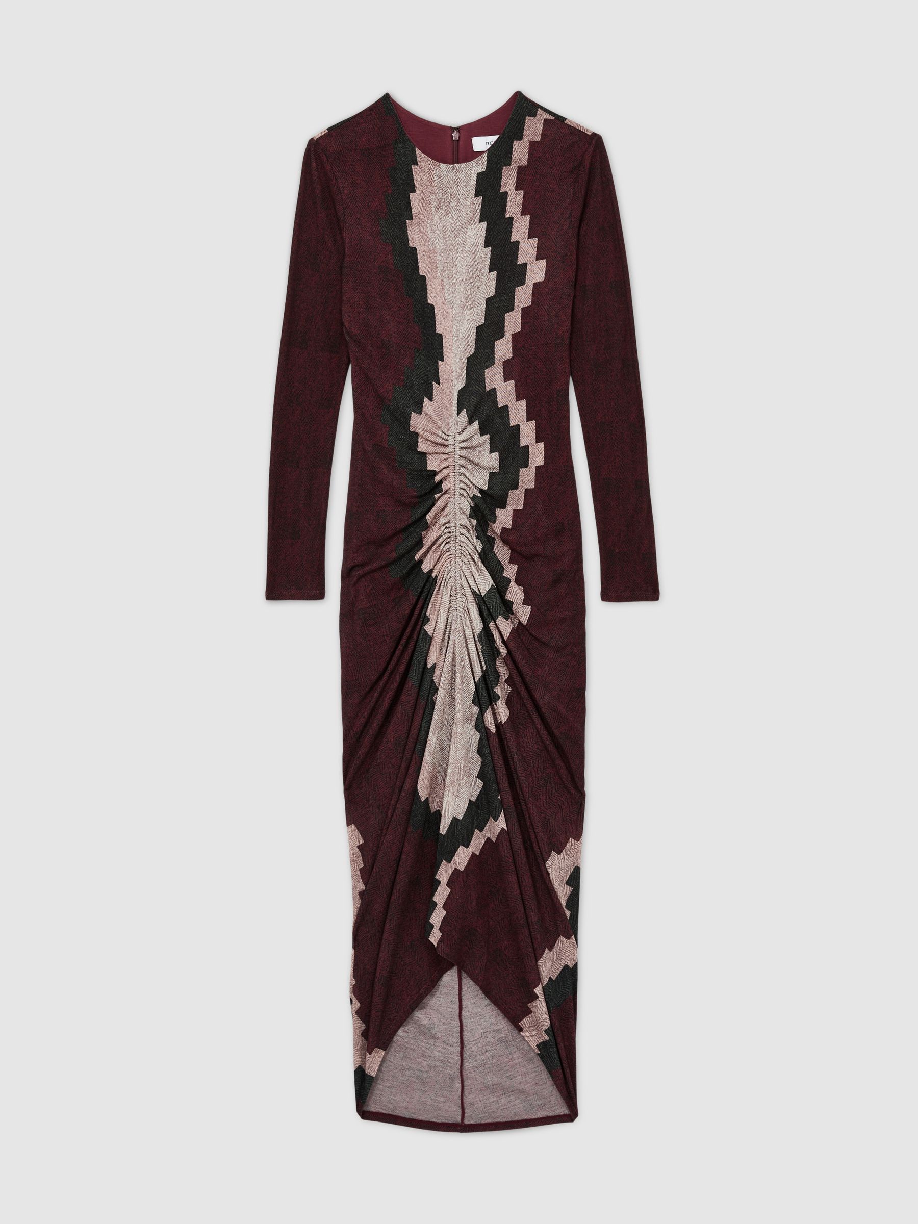 Jersey Ruched Printed Dress With Wool in Burgundy