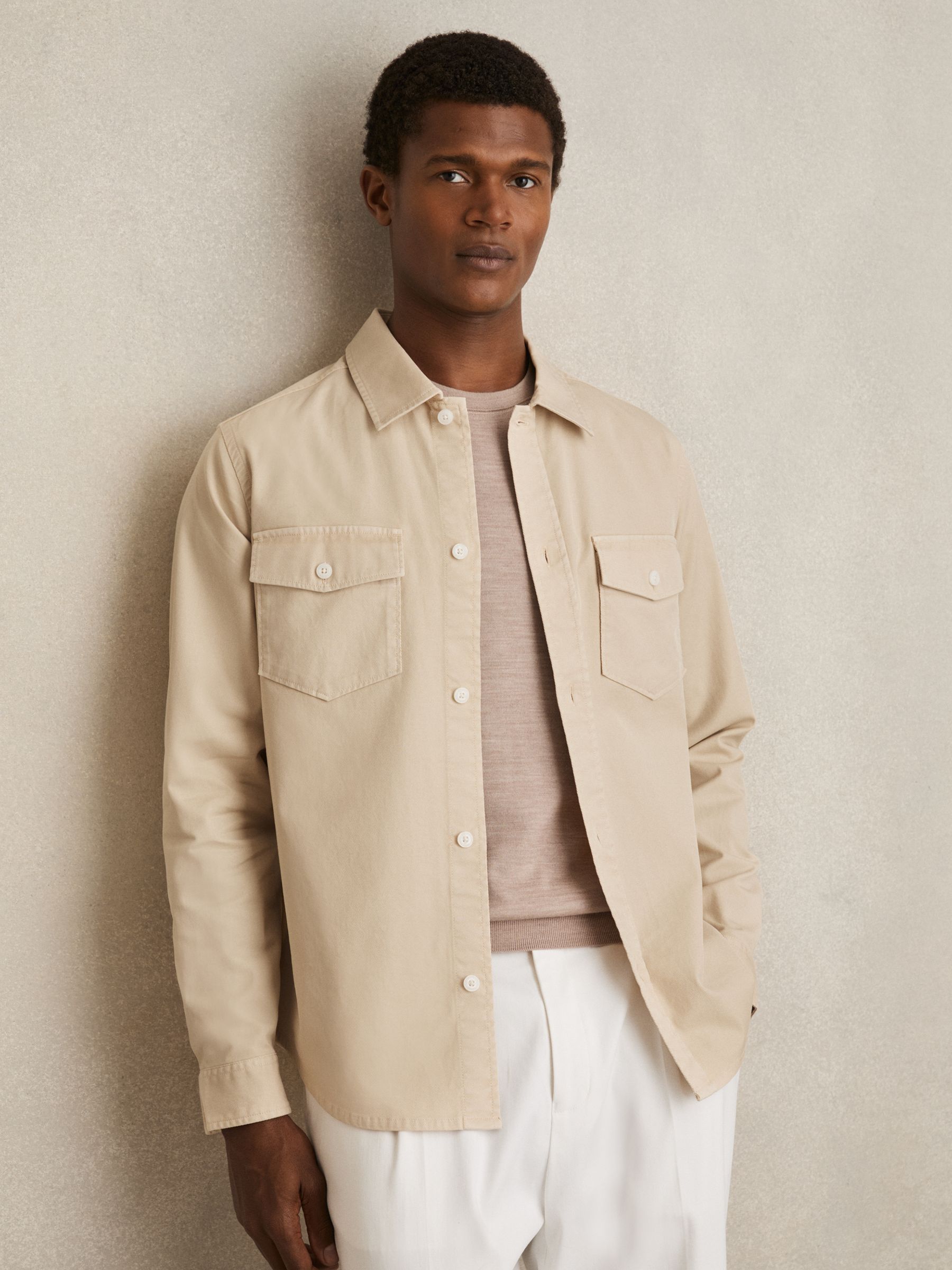 Cotton Twill Twin Pocket Overshirt With Stretch in Stone