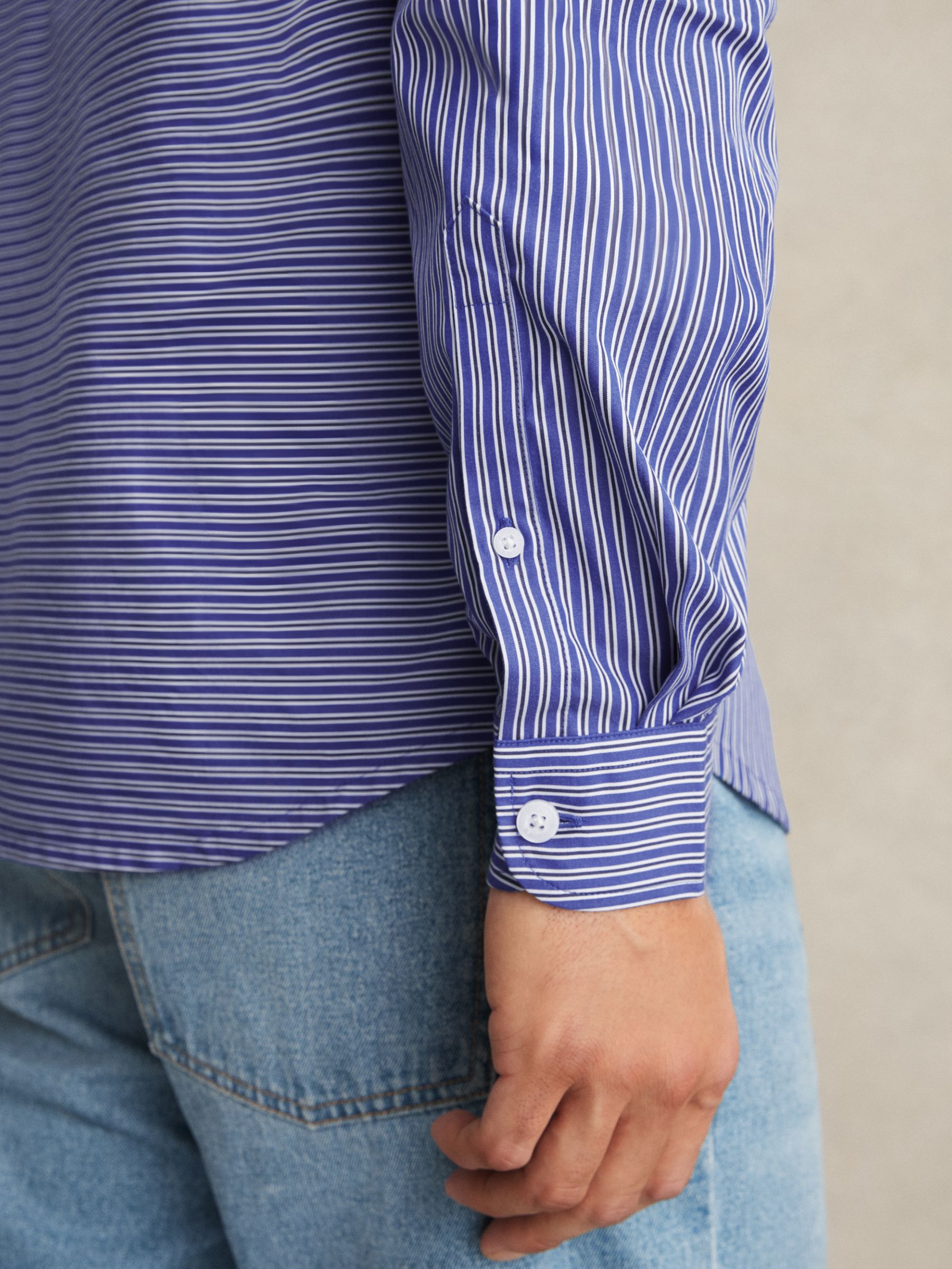 Cotton-Poplin Stripe Twin-Pocket Shirt in Blue/White