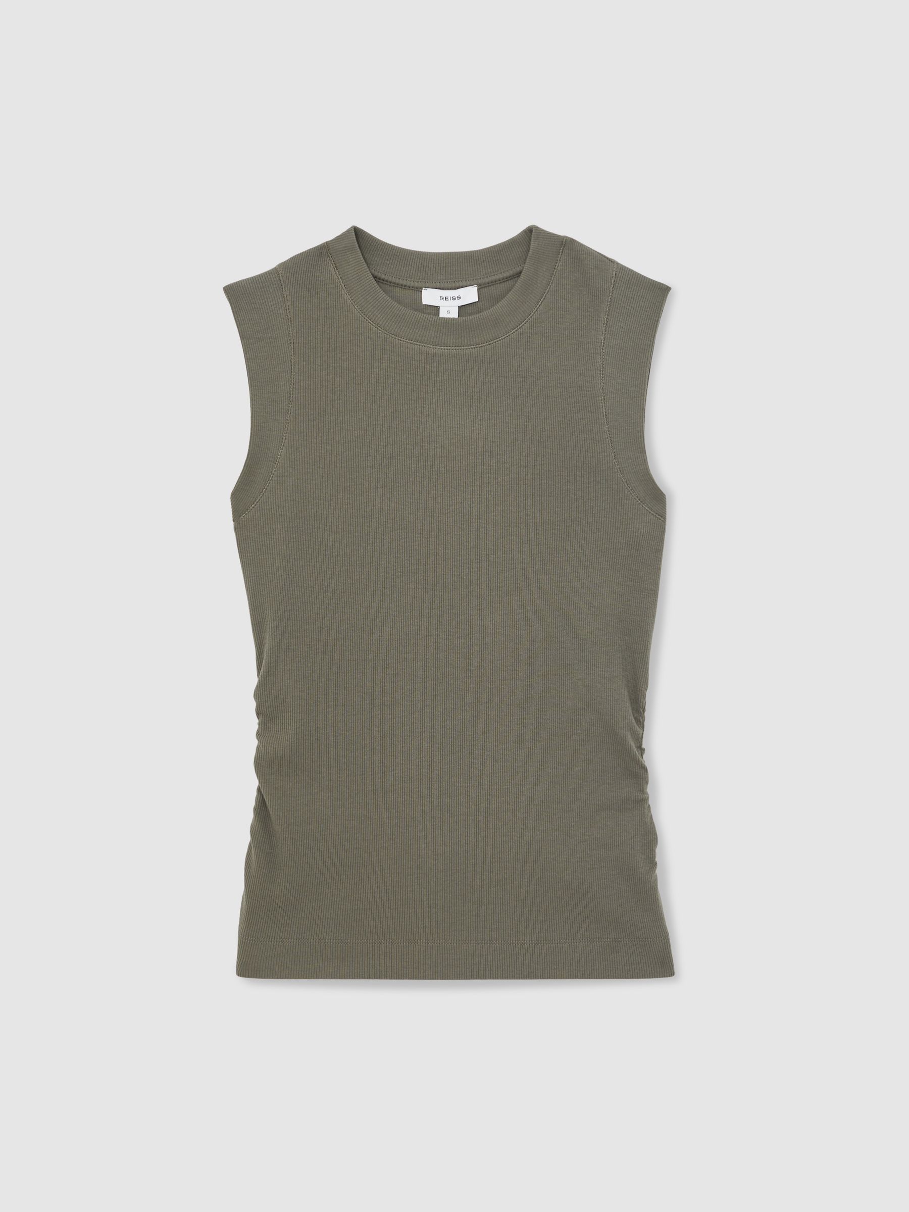 Ribbed Ruched Waist Vest in Khaki Green