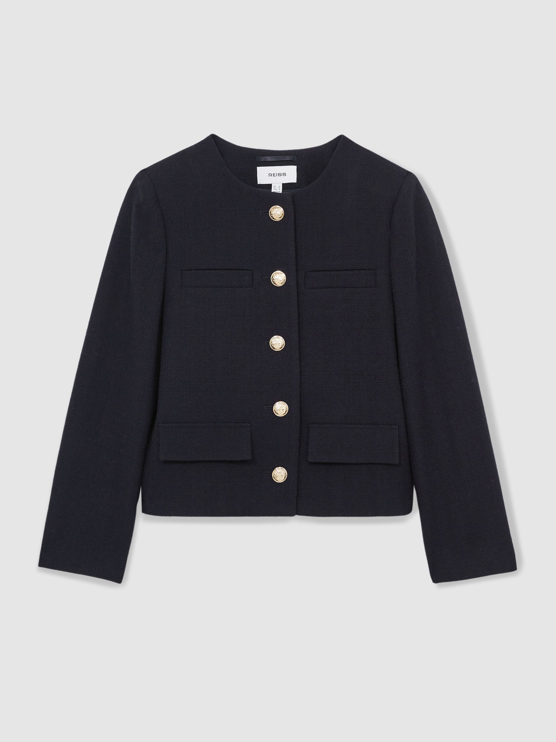 Cropped Wool Single Breasted Jacket in Navy