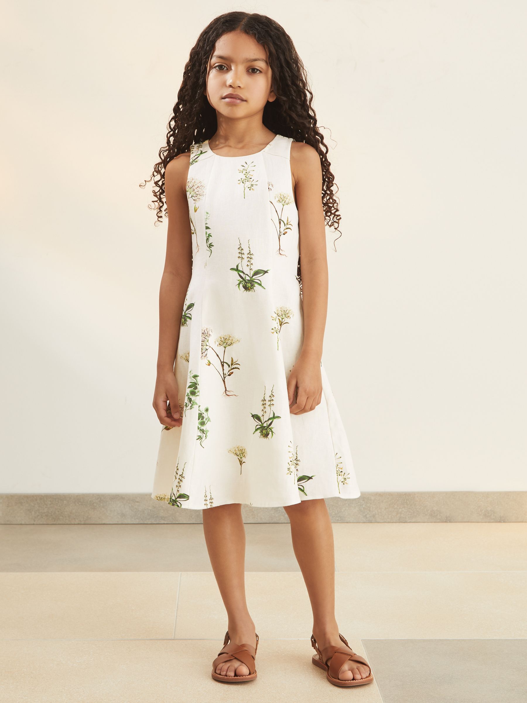 9-13 yrs Reiss | NYBG Linen Floral Flared Dress in Ivory