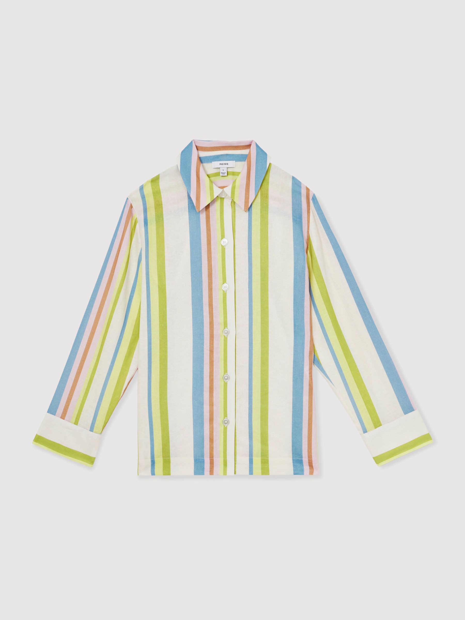 Linen-Blend Stripe Long-Sleeve Shirt in Green/Blue